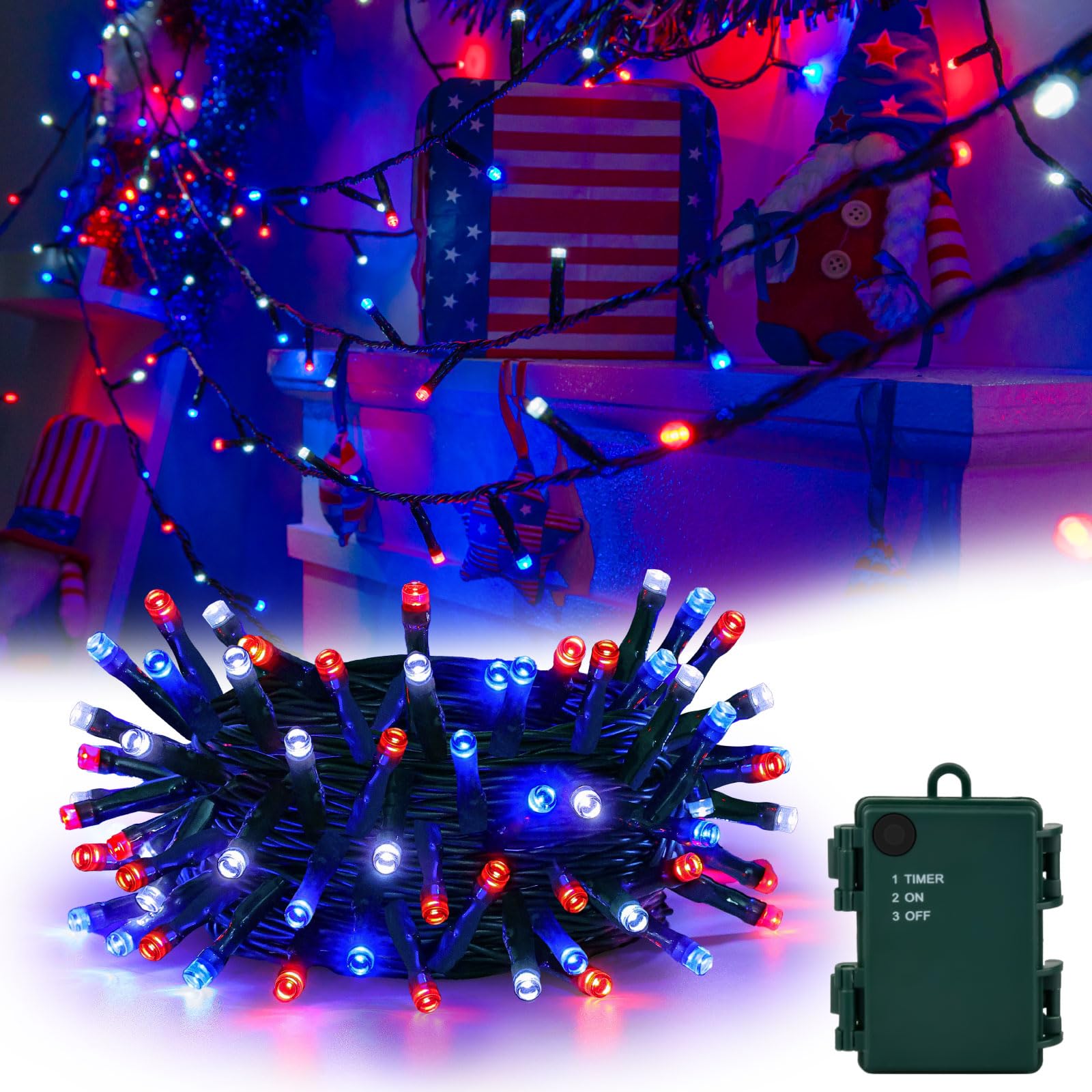 cshare Red White and Blue String Lights Battry Operated with Timer Waterproof, 4th of July String Lights16.4ft 50LED Indoor Outd