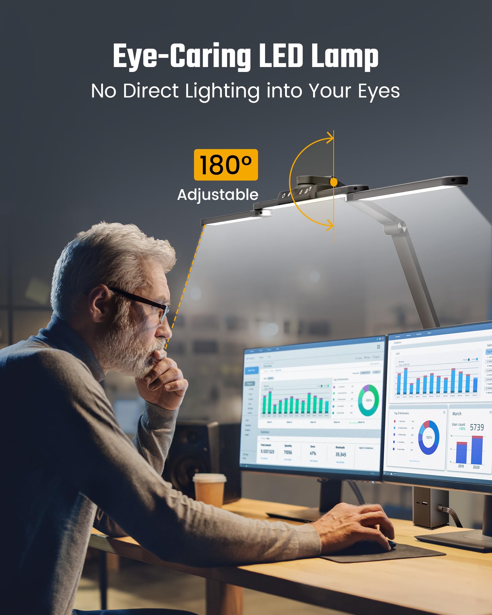 SUPERDANNY LED Desk Lamp with Power Strip, 6 Outlets, USB, Type-C, Large, Black, Model SDDL02, Touch & Wave Control