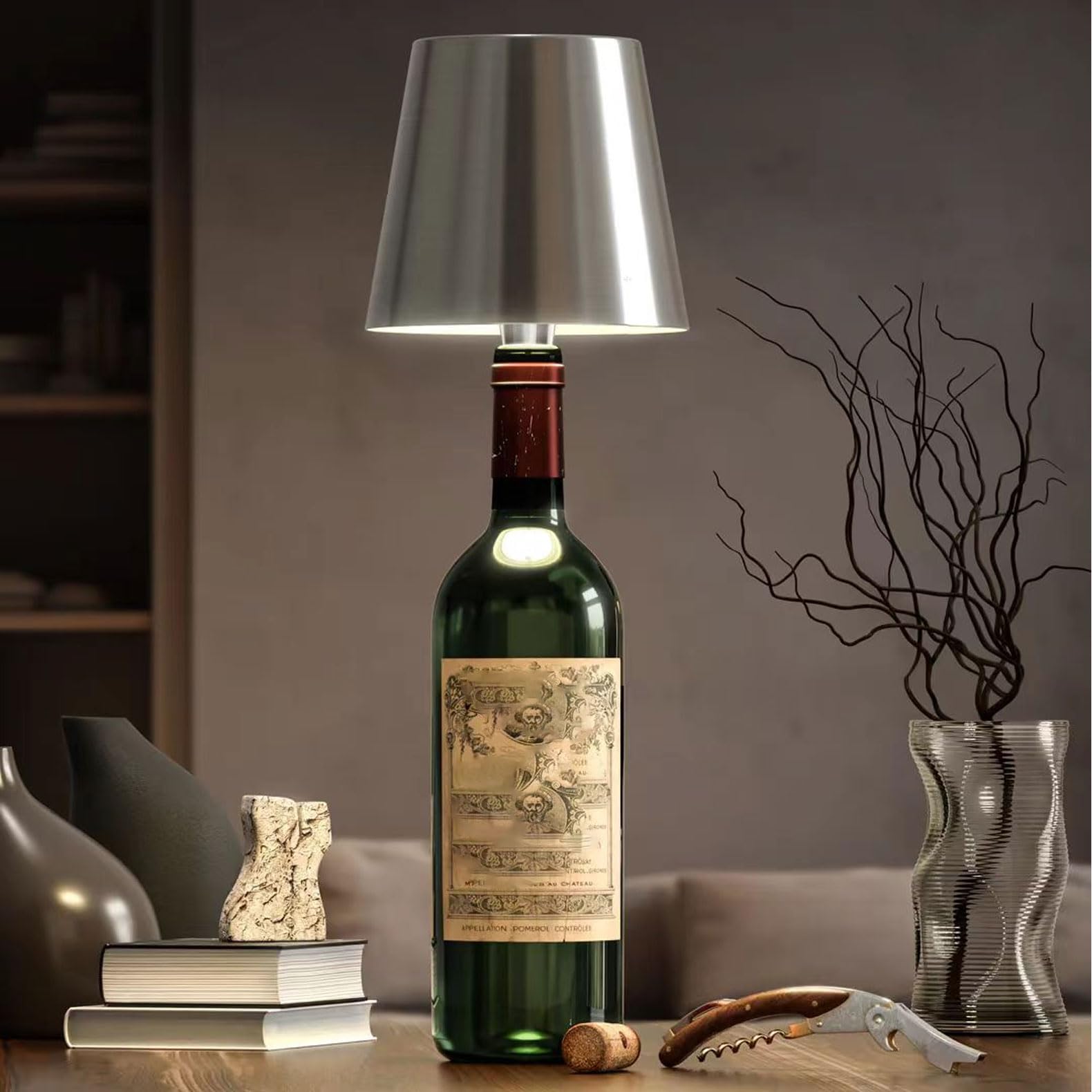 Gutsyluv Wireless Bottle Lamp - Rechargeable Silver Touch LED Table Lamp with 3 Color Stepless Dimming for Home, Bar, Camping, Travel
