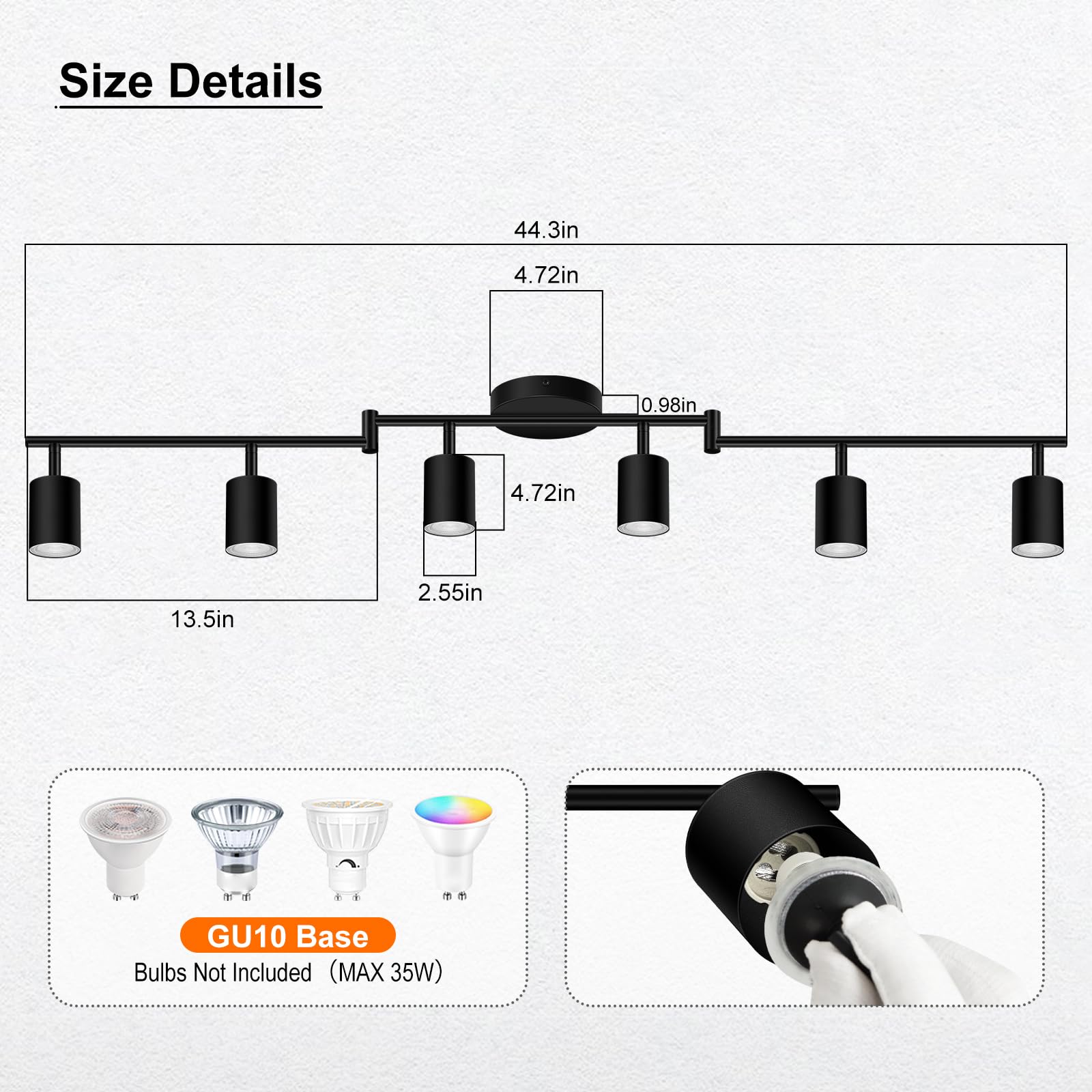 Track Lighting Kit Led  Track Lighting Fixtures Ceiling  44.3 Black 6 Light Ceiling Light For Kitchen  Flexible Spotlight With Rotatable Head  Industrial Wall Lights For Hallway(Gu10 Socket  No Bulb)