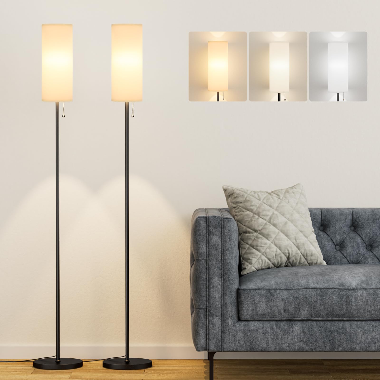 Ambimall Floor Lamp With 3 Color Temperatures Bulb Set Of 2, 64'' Standing Lamp With Linen Lampshade For Bedroom, Minimalist Pol