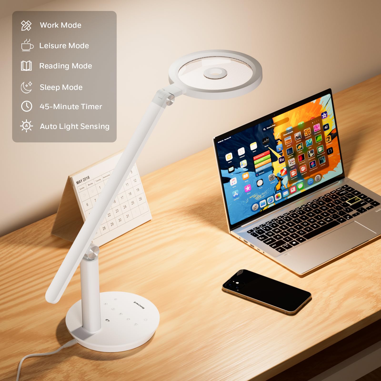 Honeywell Desk Lamp For Home Office, H6 Sunturaluxeye-Caring Led Desk Light, 800Lm Dimmable Desk Lamp With Timer, Touch Control