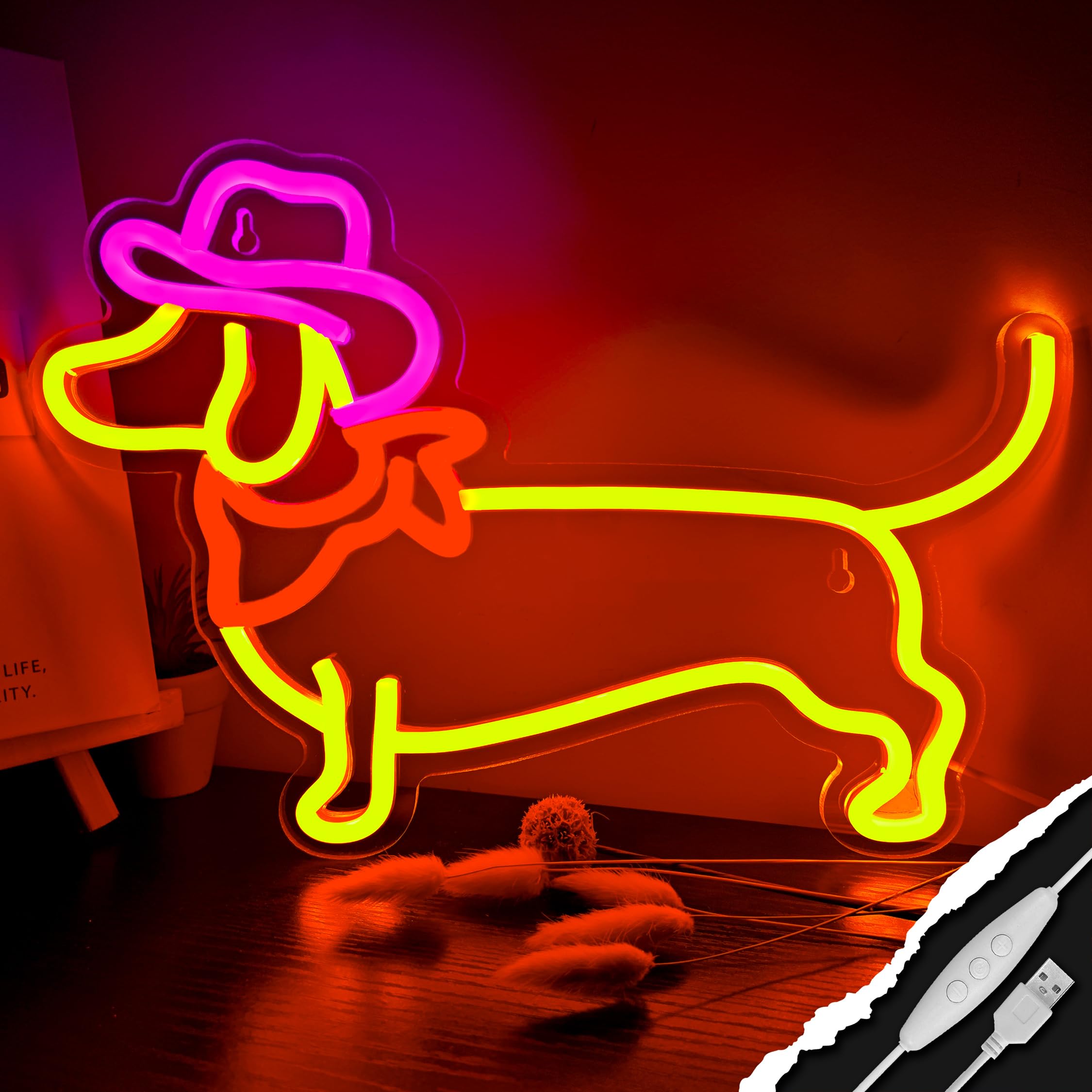 Dachshund Neon Sign Dog Neon Signs for Wall Decor Cute Puppy with Cowboy Hat Led Light Sign for Pet Shop Bedroom Wall Home Party