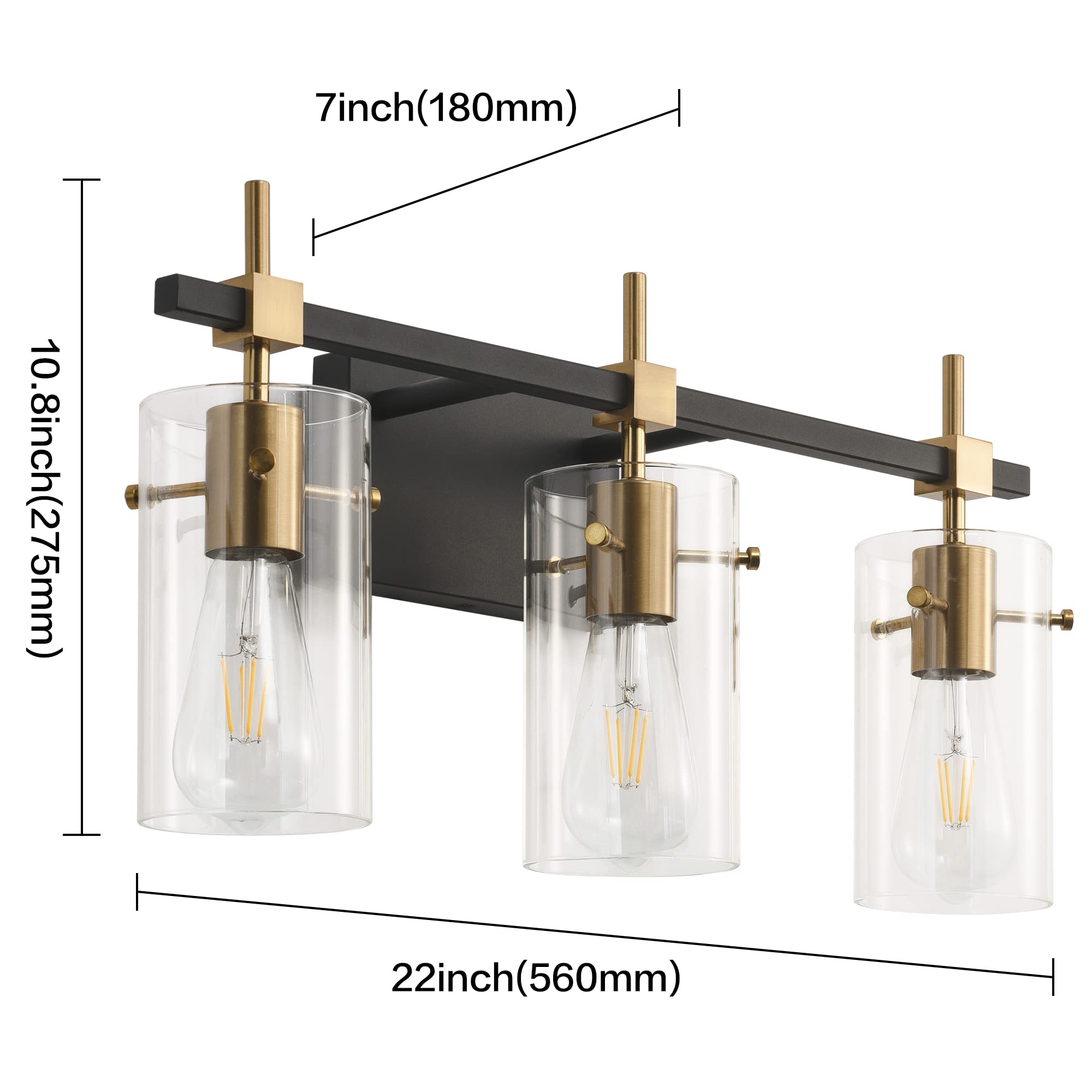 SOLFART Vintage Vanity Light Fixture - 3-Light Black & Bronze Glass Shade for Bathroom - Model 7200-3