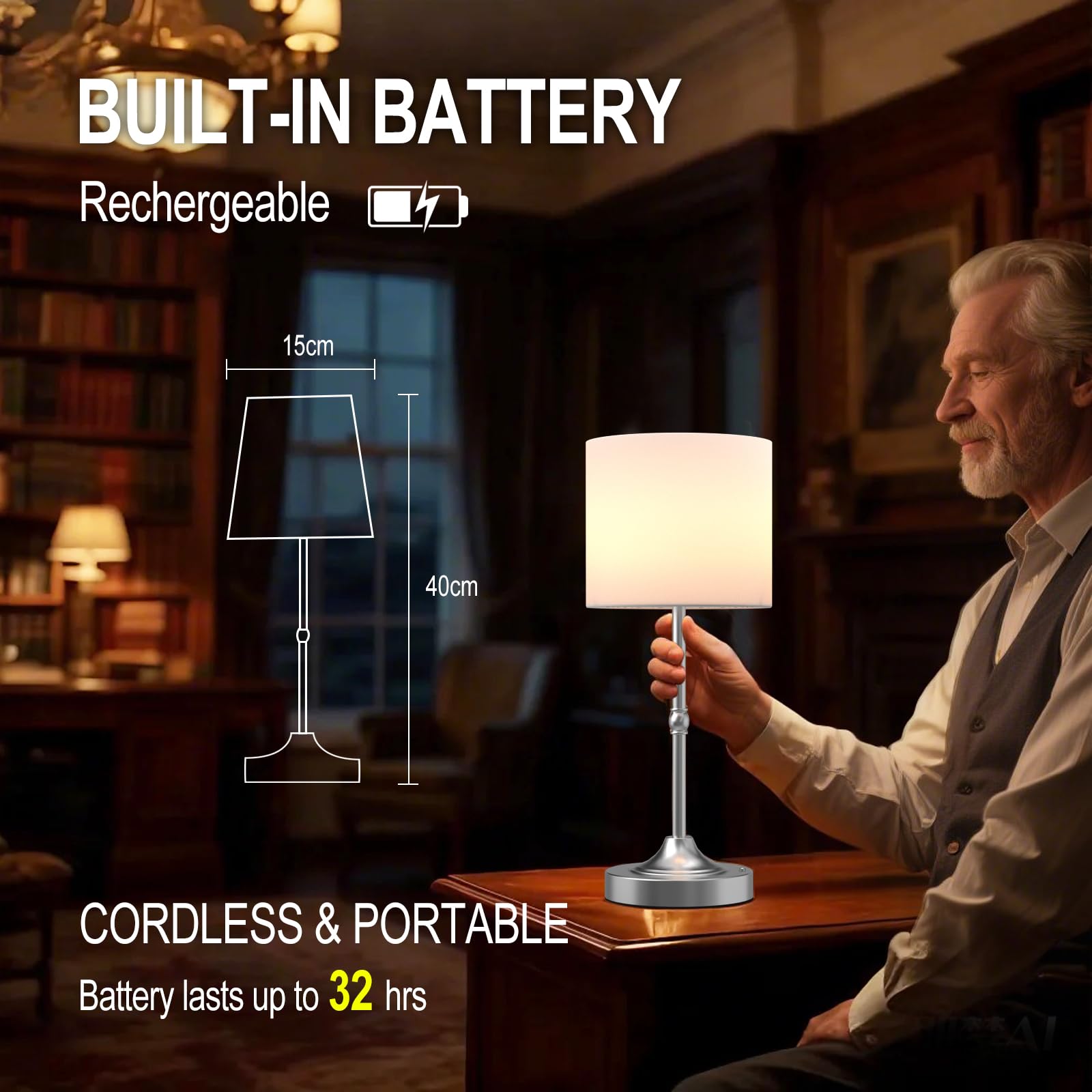 YYXGOOB Cordless LED Table Lamp, Silver Fabric Shade, Dimmable, 16.2"H x 5.9"W x 5.9"D, Rechargeable, Ideal for