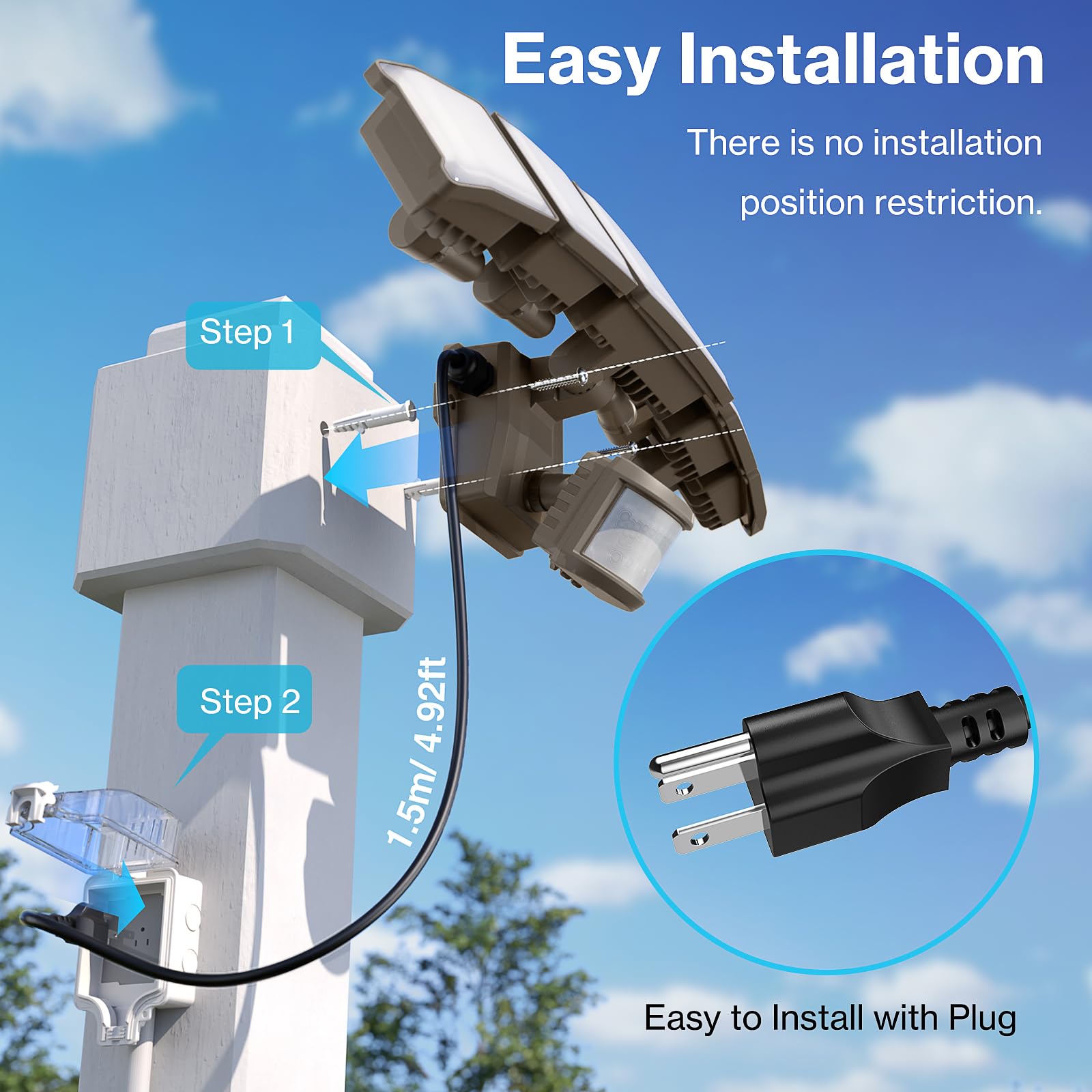 Olafus 100W Motion Sensor Outdoor Flood Light, 10000LM IP65 Waterproof, 5 Heads, Brown - Ideal for Garage & Yard Security