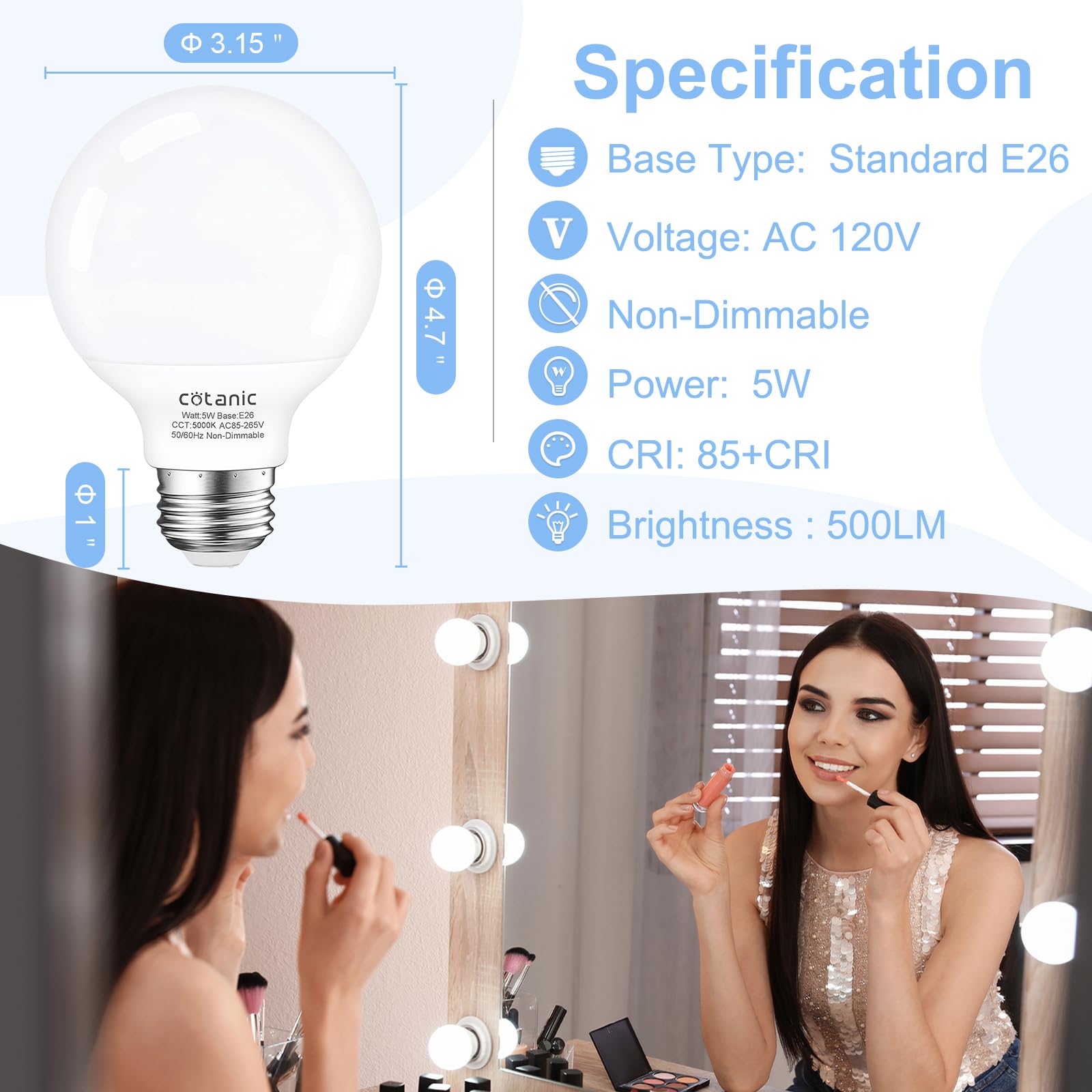 Cotanic Vanity Light Bulb 5000K Daylight,G25 LED Globe Light Bulbs for Bathroom Vanity Mirror, E26 Medium Base,5W 60W Incandesce