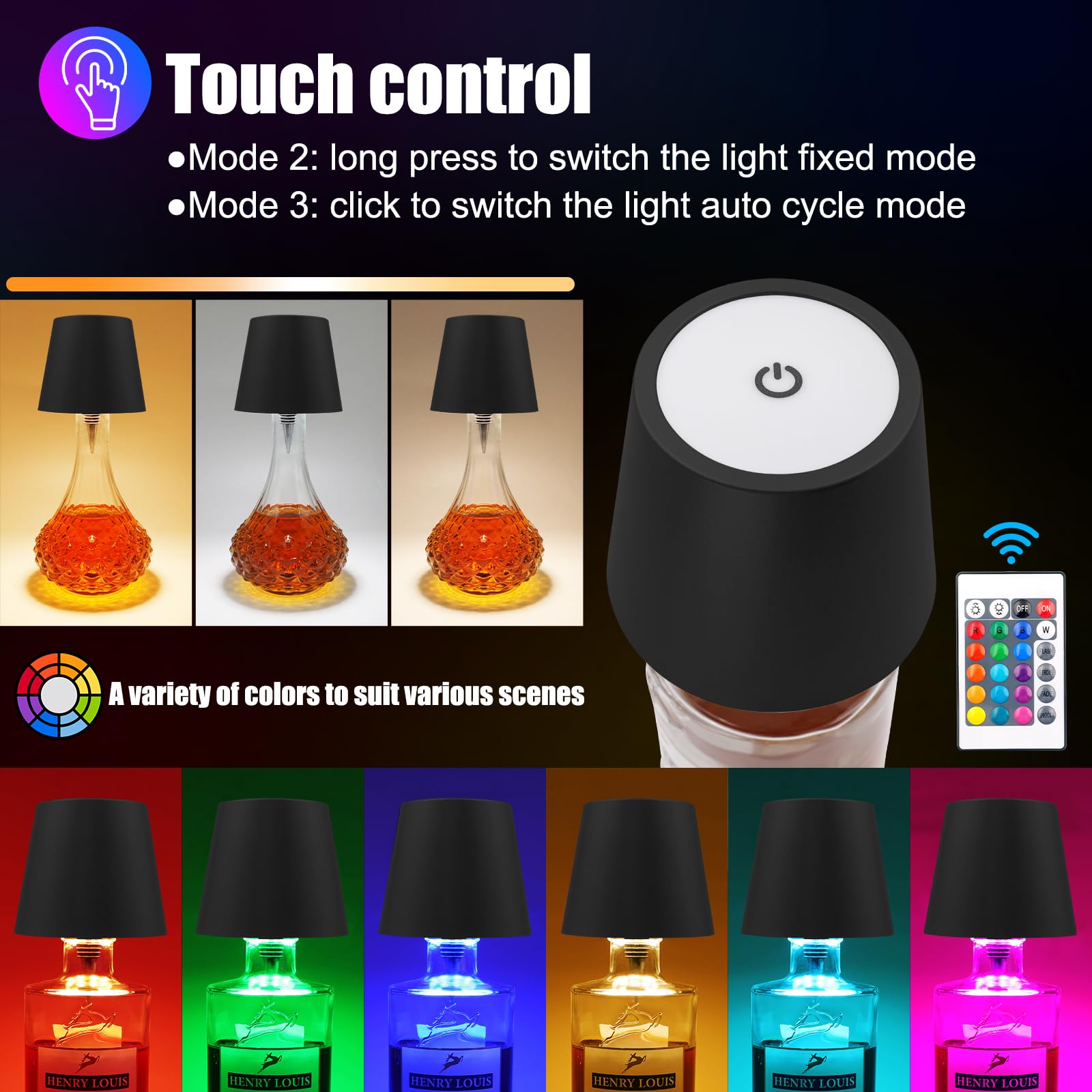 Wireless Bottle Lamp With Remote Control  Rechargeable Rgb Wine Bottle With 3Modes Light Dimming  Waterproof Touch Lamp Head For Room  Bar  Restaurant And Party Decorations(Black Rgb)