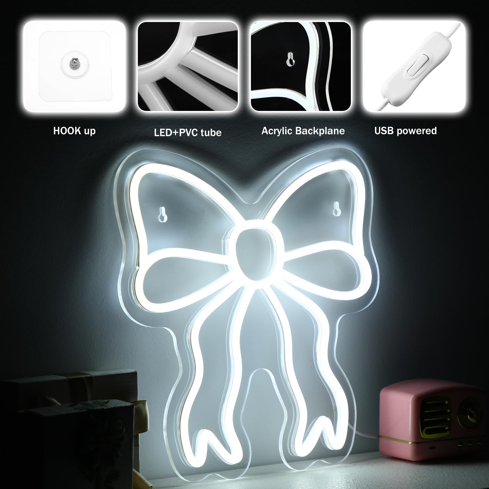 Retisee Bow Led Neon Sign Bedroom Women Room Neon Light Sign Coquette Aesthetic Home Wall Preppy Dorm Beauty Room Salon Decor Party Bar Decoration Gift For Her 11.8X11.8In (White)