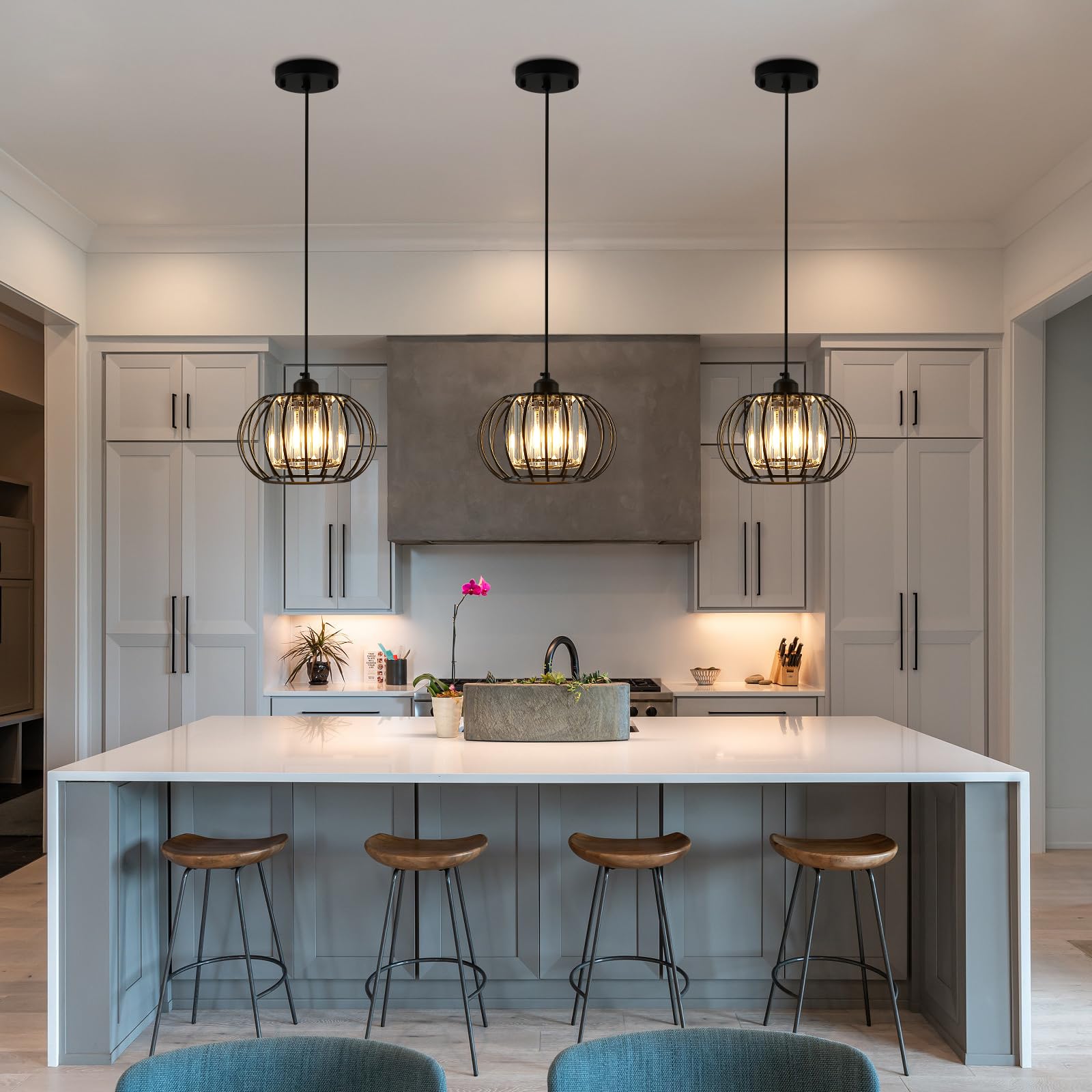 Xsdetu Black Pendant Light Fixture, Farmhouse Hanging Lights With Crystal, Adjustable Mini Kitchen Pendant Light, Modern Industrial Metal Wire Caged Hanging Pendant Lamp For Living Room, Bedroom