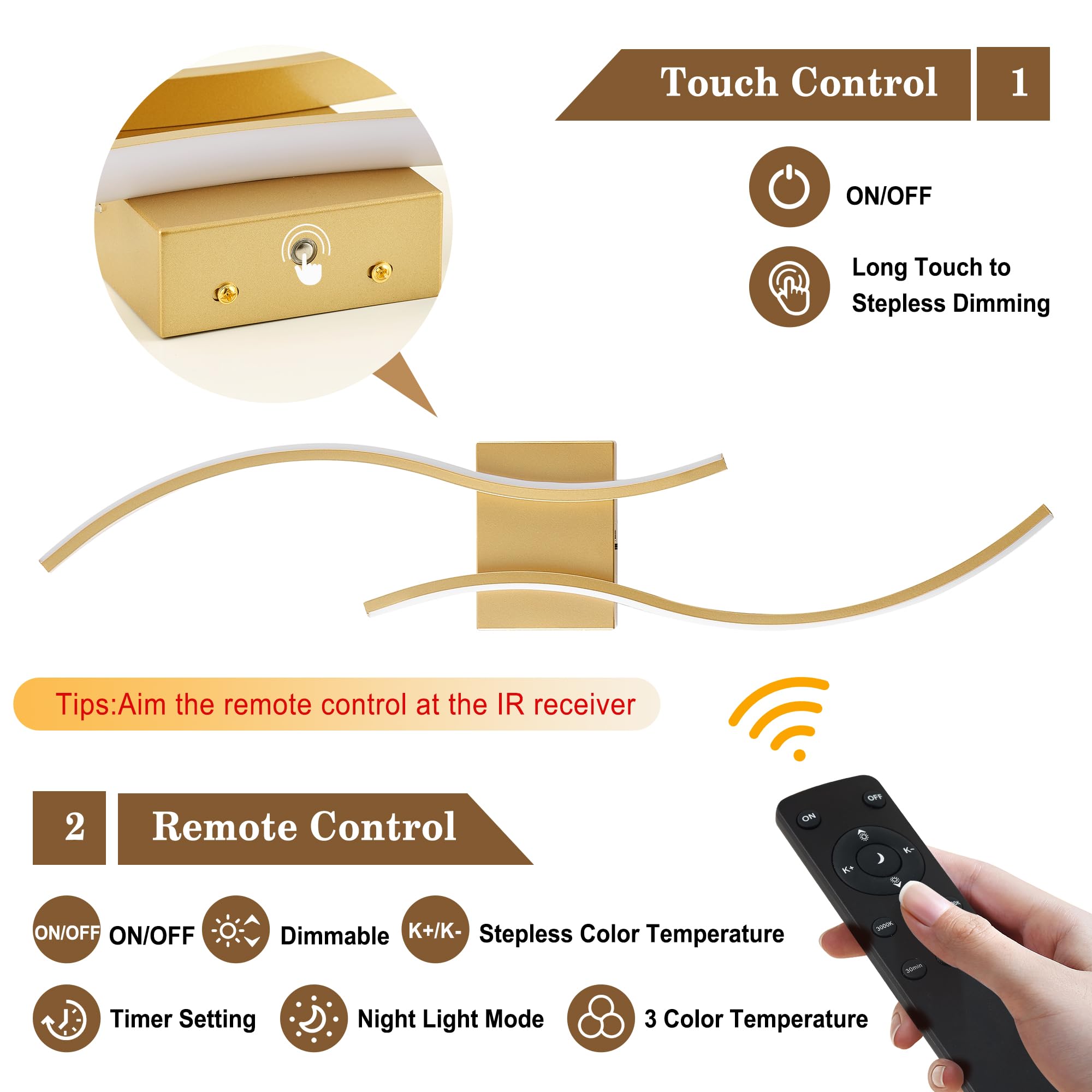 KARTOOSH Battery Operated Wall Sconces Set, Remote Control, Dimmable LED, Gold, 27.5 Inch (2 Pack), Model ZM319BGD70