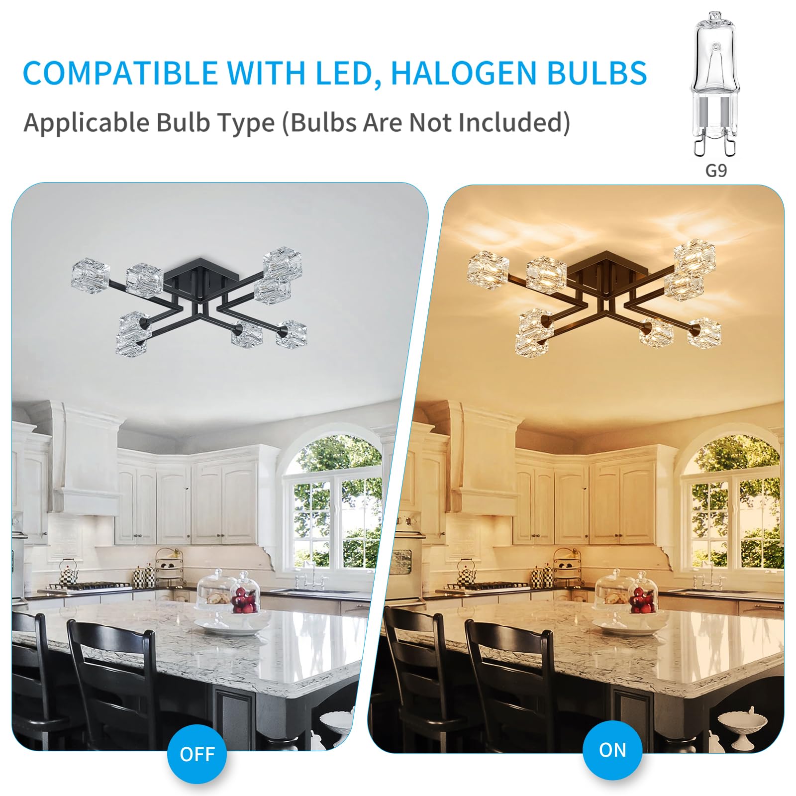 XINGQI Sputnik Chandelier 8-Light Black Semi Flush Mount Ceiling Light for Dining Room, Living Room, Kitchen, Bedroom
