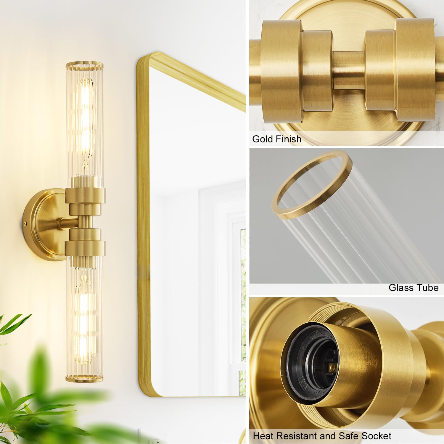 Vaziden Gold Threaded Glass Bathroom Light Fixtures, Modern Wall Sconce, Up & Down Lighting for Vanity, Living Room - Bulb Not Included