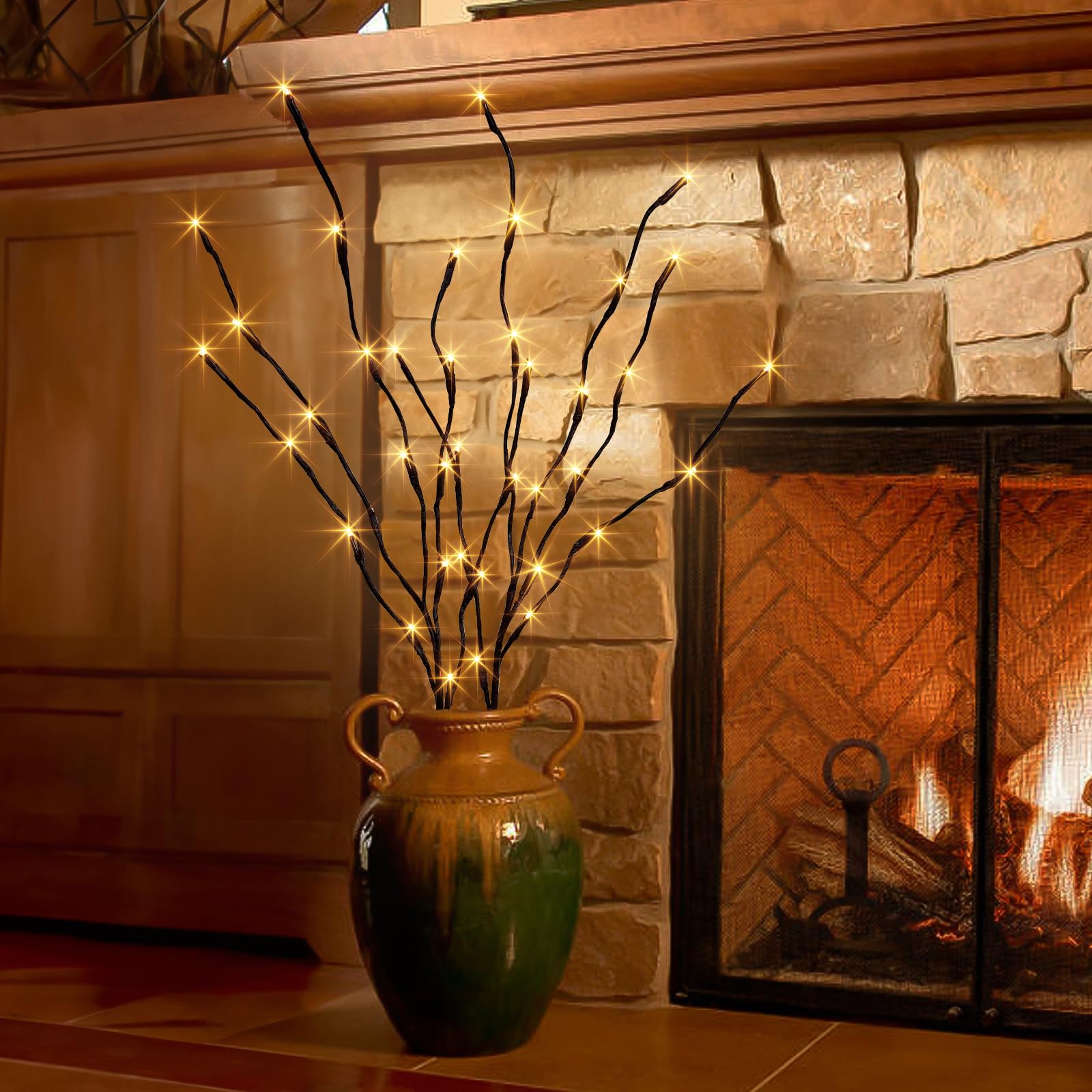 PEIDUO Lighted Branch Pathway Lights, 40 LED, Battery Operated, Timer, 30 Inch, Warm White, 2PK