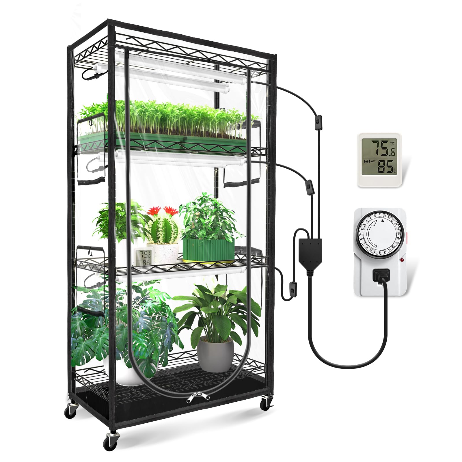 Jesled Indoor Greenhouse With Grow Light  2Ft Full Spectrum 5000K Led Light For Seed Starting  Tiered Lighting Control  Built-In Timer & Thermo-Hygrometer  Rolling Metal Plant Stand (23.6X13.8X59In)