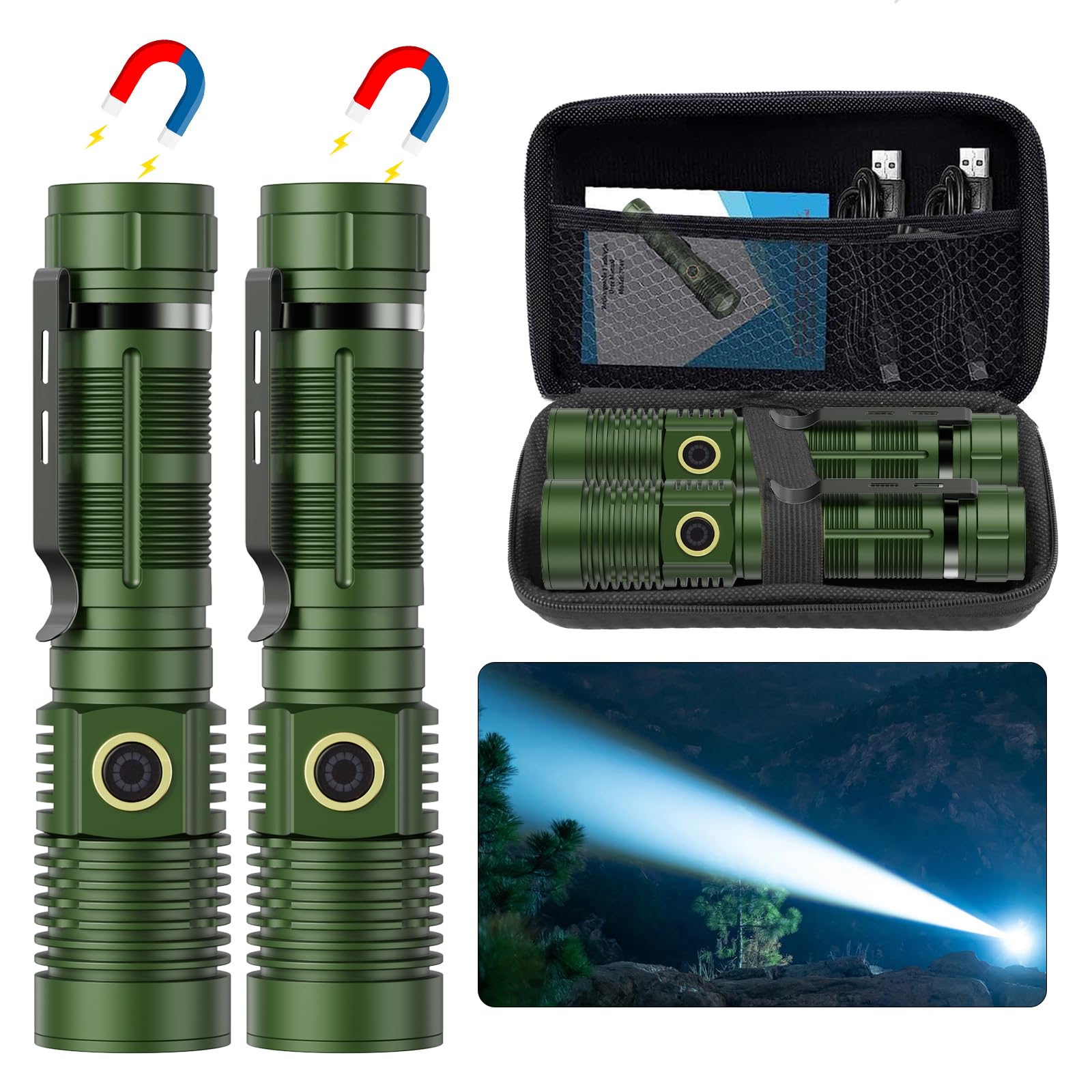 Hoxida Small Tactical Flashlight - 1500m Long Beam, 5 Modes, USB Rechargeable, Zoomable, Aluminum, Green, Model K2301