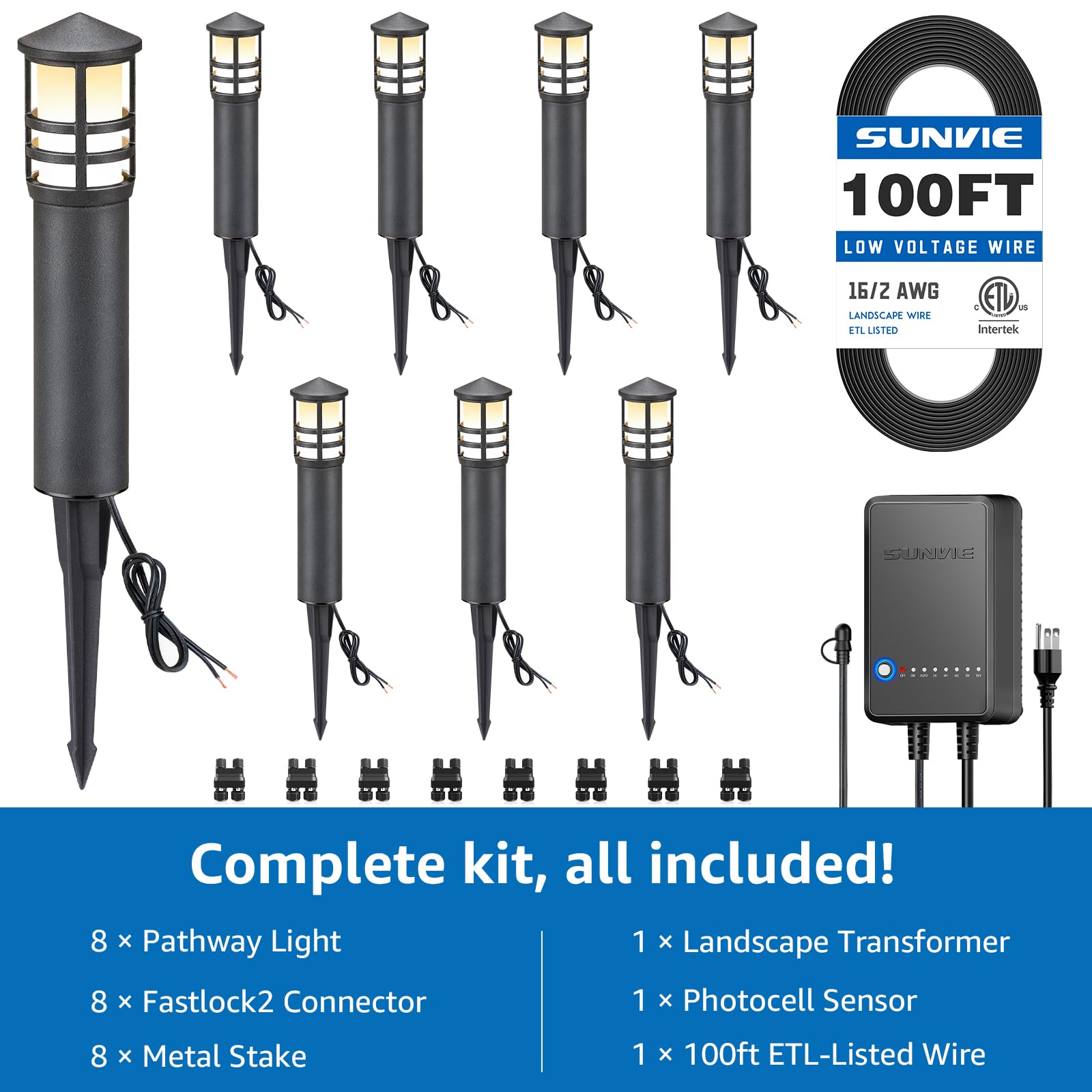 SUNVIE LED Landscape Lighting Kit, 8-Pack Low Voltage Pathway Lights, 3000K Waterproof, Black, Includes Transformer & 100FT Wire