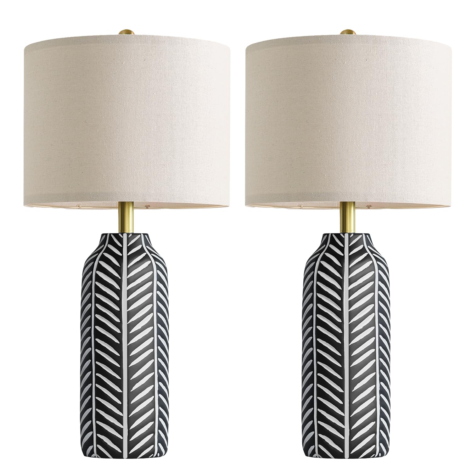 BOBOMOMO 26 Farmhouse Black Table Lamps Set of 2 - Rustic Resin Lamps with Vintage Leaf Pattern and Linen Shades  Black Bedside Lamps for Bedroom  Living Room  Office  Entryway  Console Table