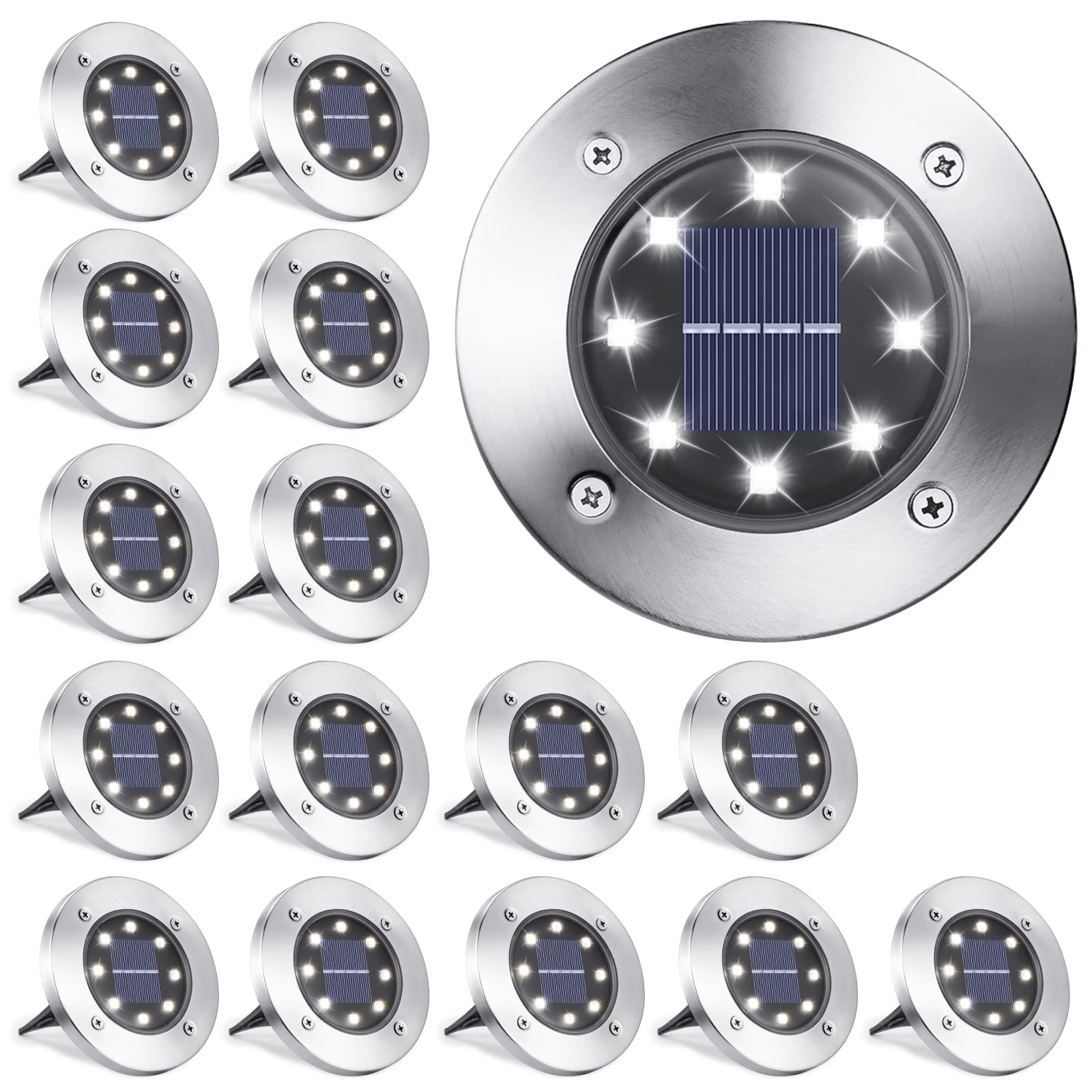 LYHOPE Solar Ground Lights Outdoor, 16 Pack 8 LED Solar Disk Lights Waterproof Garden In-ground Pathway Light Landscape Lighting