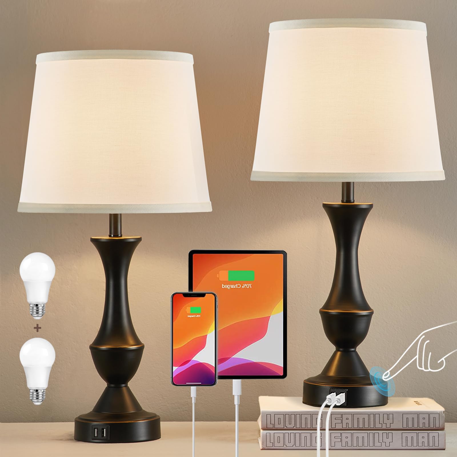 Luvkczc Touch Bedside Lamps Set of 2, 3-Way Dimmable, USB Ports, White Linen Shade, Model L-73008-07, Black/White Color
