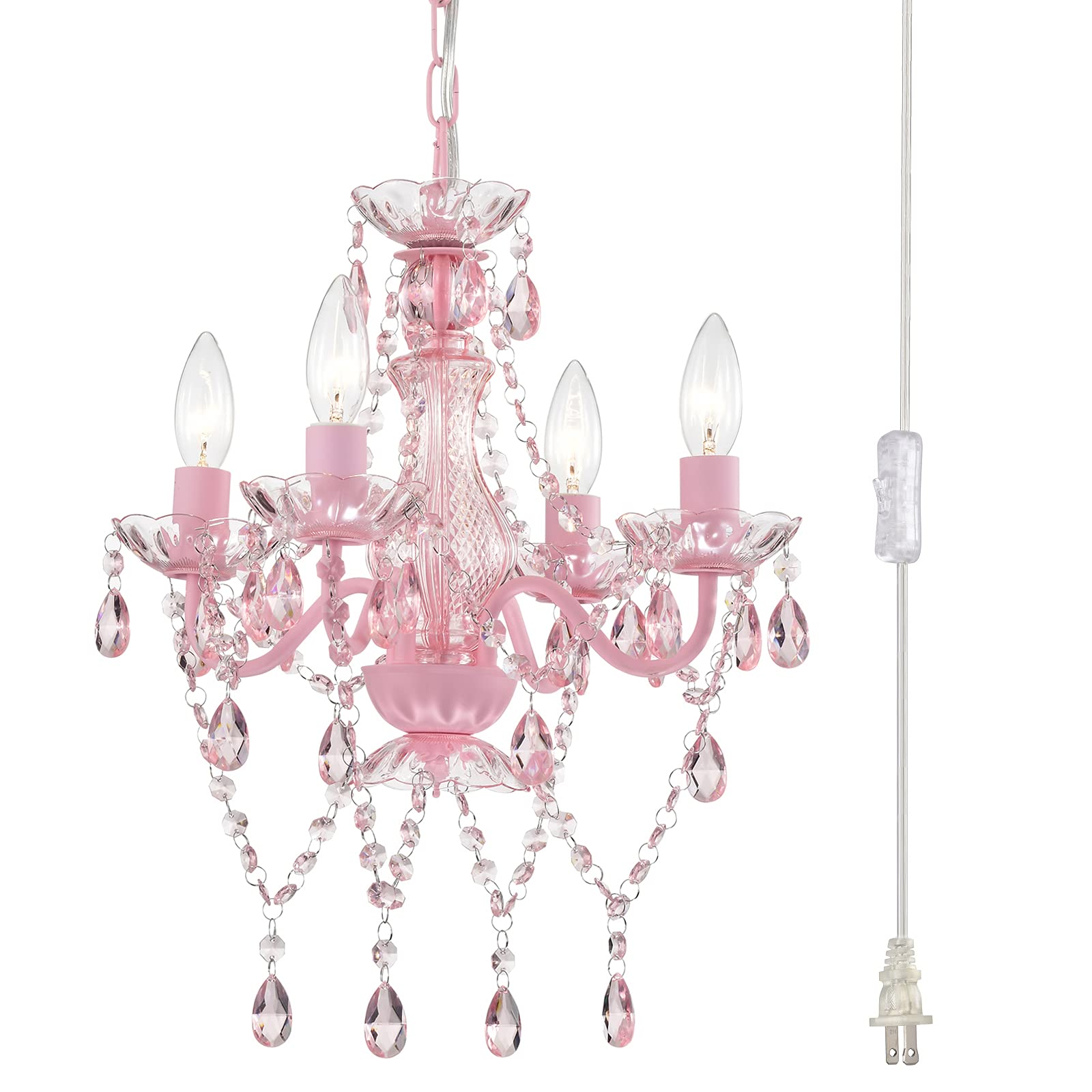 Alighting Pink Plug-In Chandelier, Small Crystal 4-Light Lighting For Girls' Bedroom
