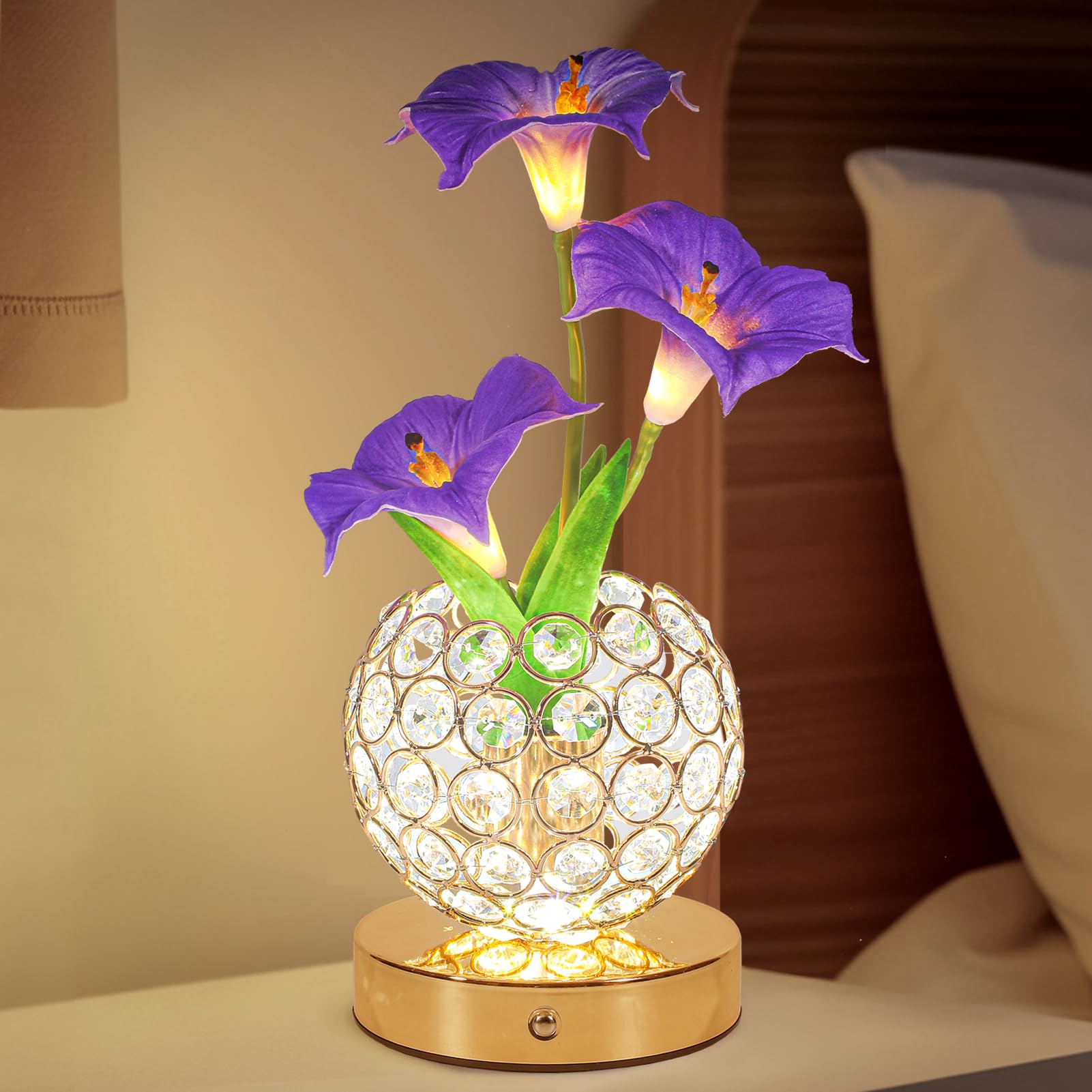 Morning Glory Flower Lamp, Rechargeable Cordless Touch Table Lamp, 3 Color Dimmable LED Night Light, Bedroom Bedside Touch Night