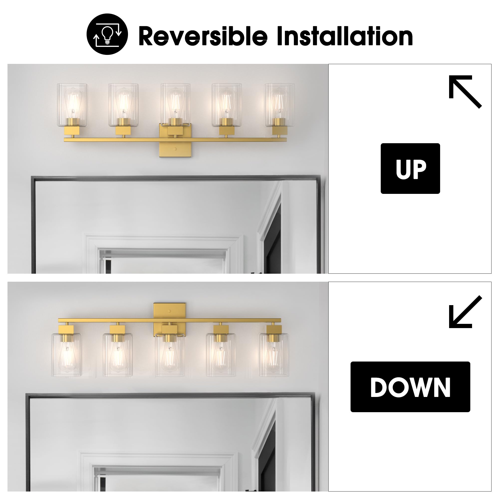 Espird 5 Light Bathroom Vanity Light - Brass Gold Light Fixture Bathroom Square Design & Ul Certification, 31 Inch Long Gold Bat