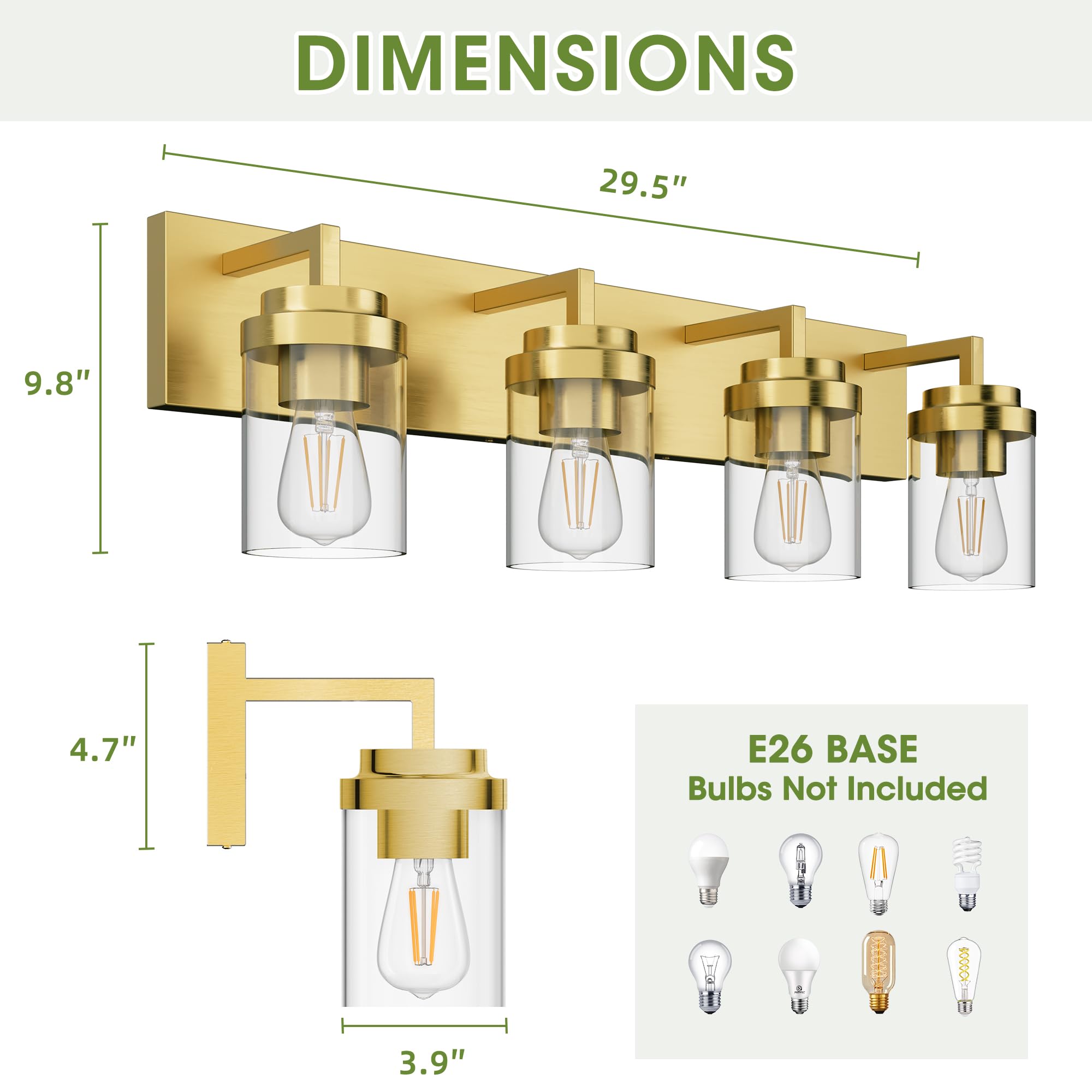 Espird Bathroom Vanity Light, 4-Light Brass Fixture with Glass Shades, Model L08-4-TONG
