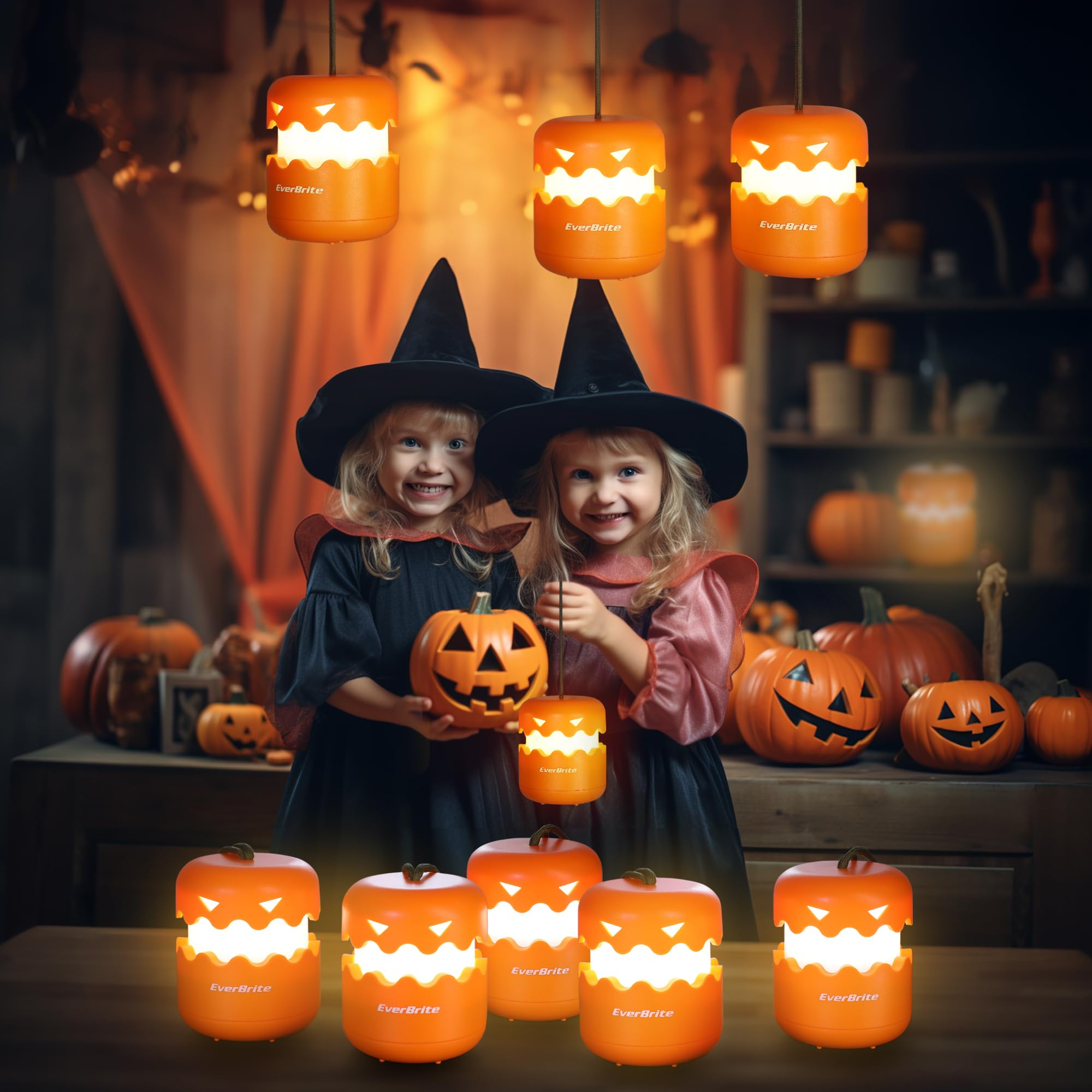 EverBrite 3-Pack Collapsible Halloween Pumpkin Lanterns, Orange ABS Light-Up Jack O' Lanterns for Kids, Model E041044A