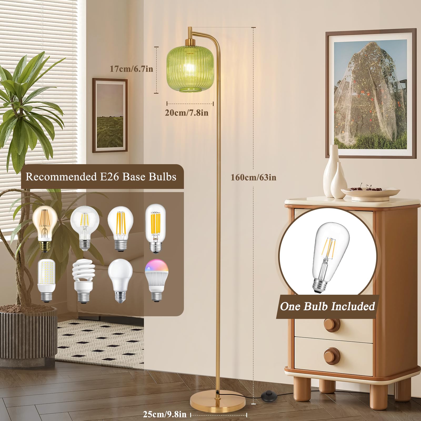 Adisun Glass Floor Lamp For Living Room, Modern Floor Lamp Ribbed Glass Lampshade Pedal Switch, Tall Lamp For Bedroom Study Room