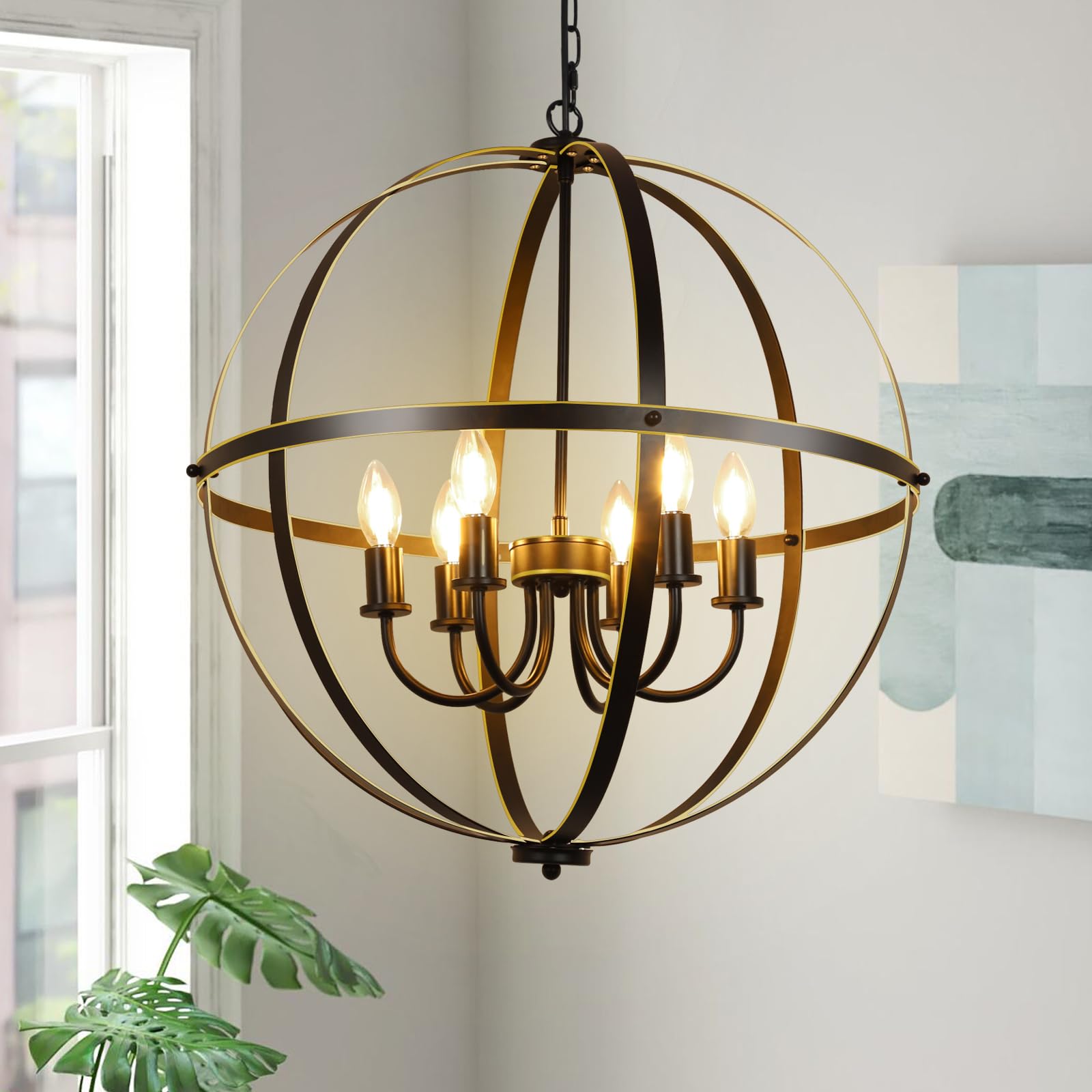 DINGLILIGHTING 6-Light Orb Chandelier, Metal, Adjustable, Black and Gold, Model WS-FND5-40B-G
