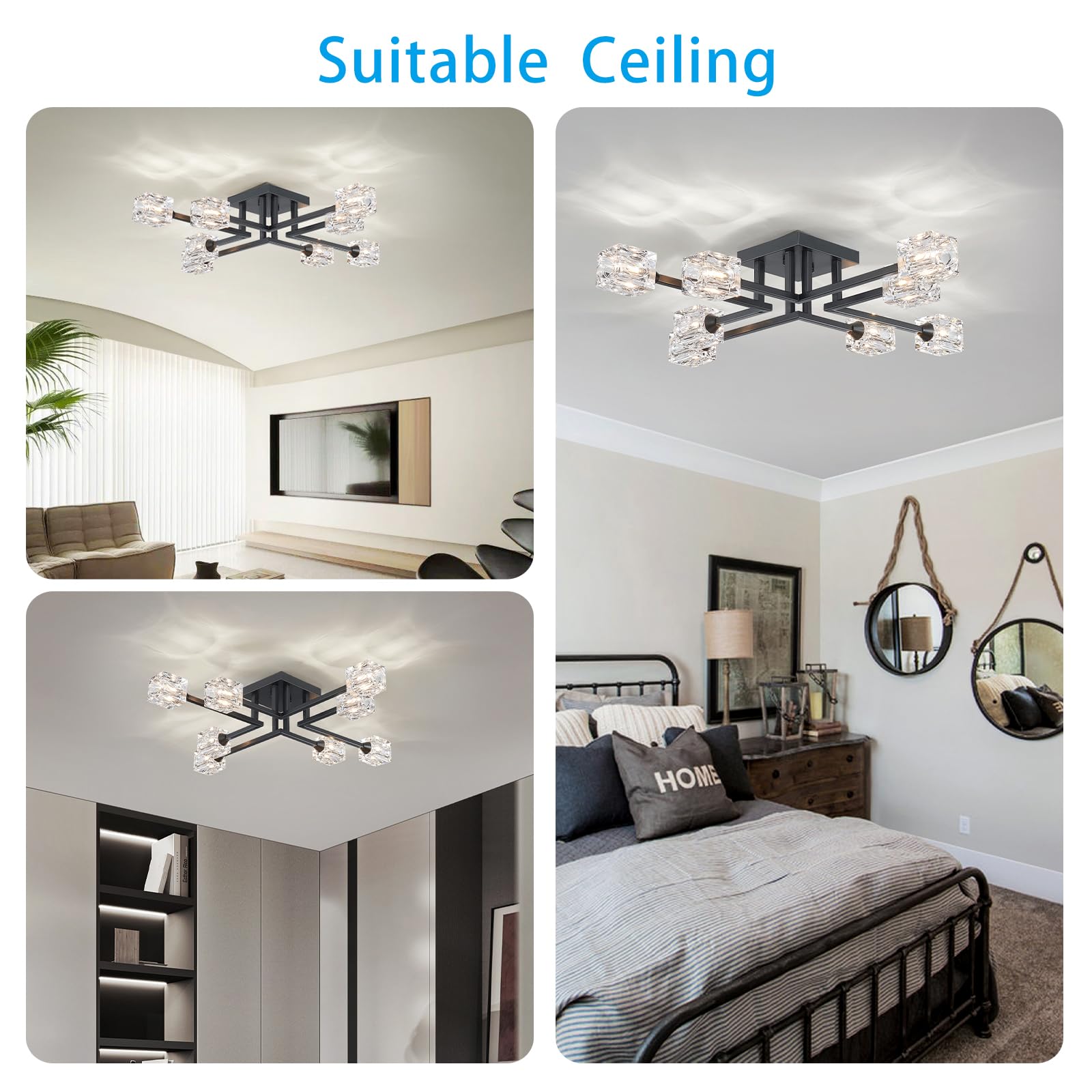 XINGQI Sputnik Chandelier 8-Light Black Semi Flush Mount Ceiling Light for Dining Room, Living Room, Kitchen, Bedroom