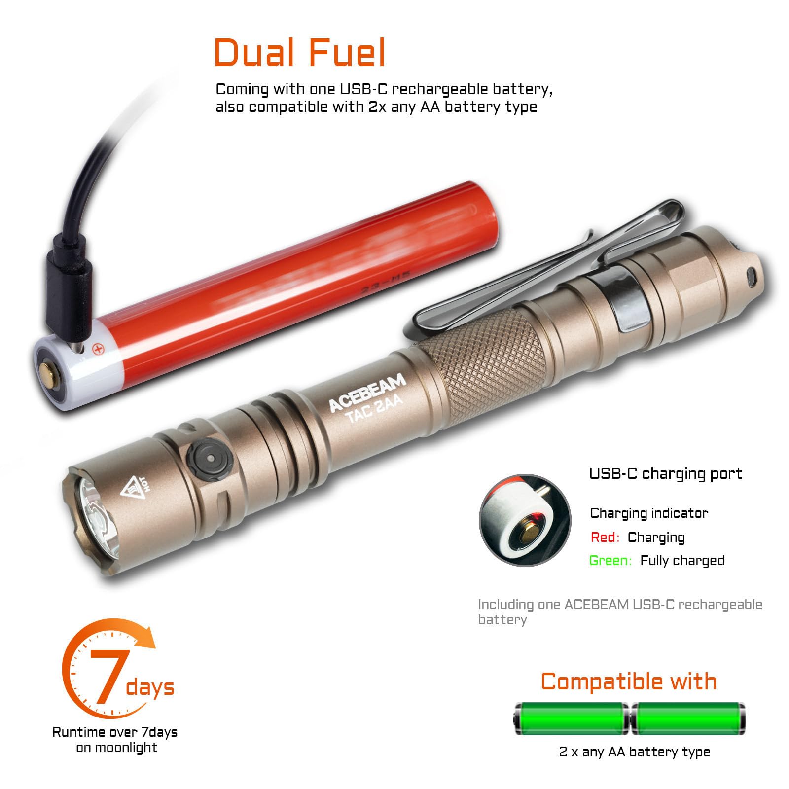 ACEBEAM TAC 2AA Tactical Flashlight - 1470 Lumens, Rechargeable, Aluminum, Desert 6500K, Dual Switch, Compact EDC Light for Camping & Emergencies