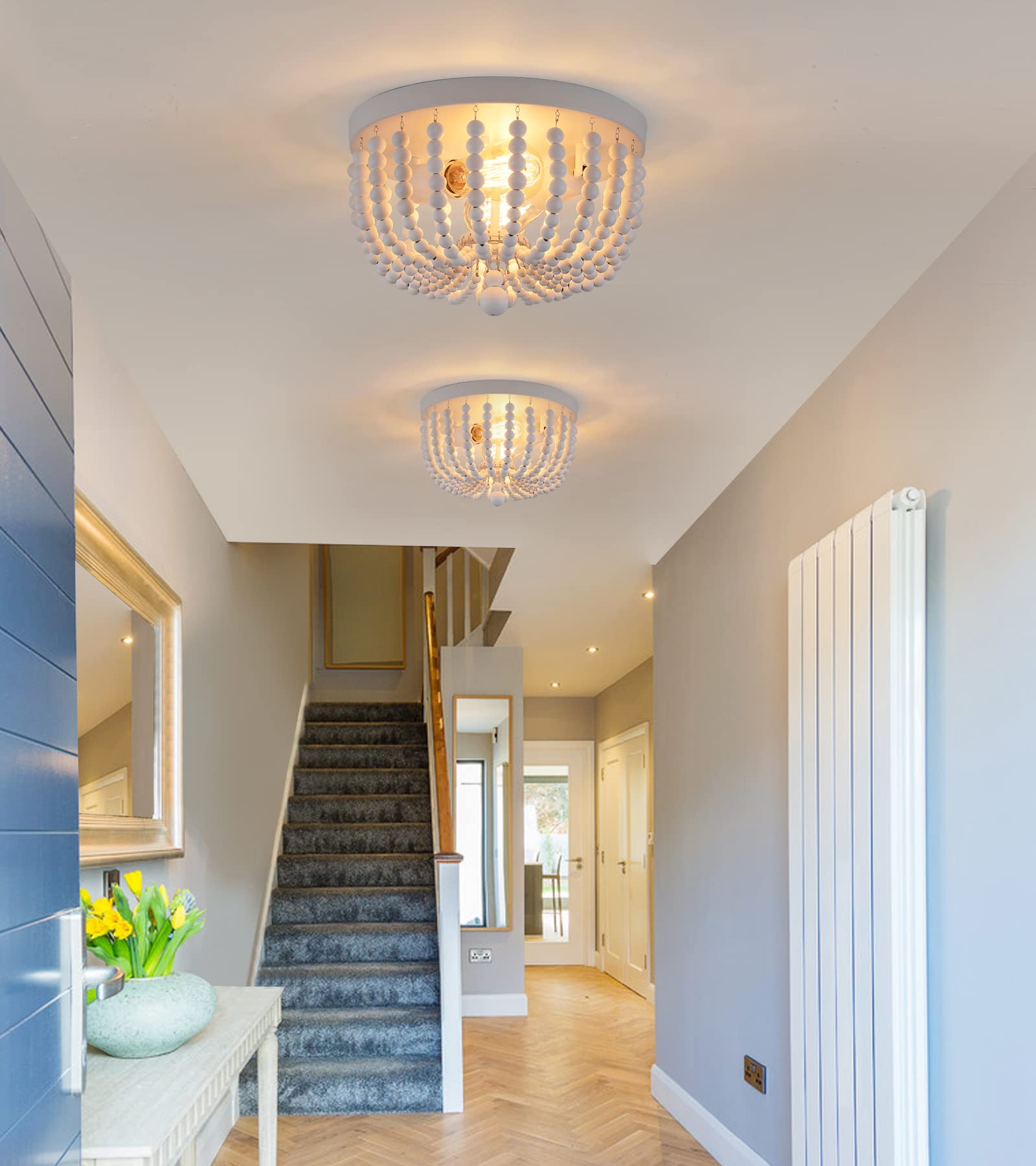 Q&S White Flush Mount Ceiling Light Fixtures,2-Lights Wood Beaded Boho Chandeliers For Nursery Baby Bedroom Dining Room Living R