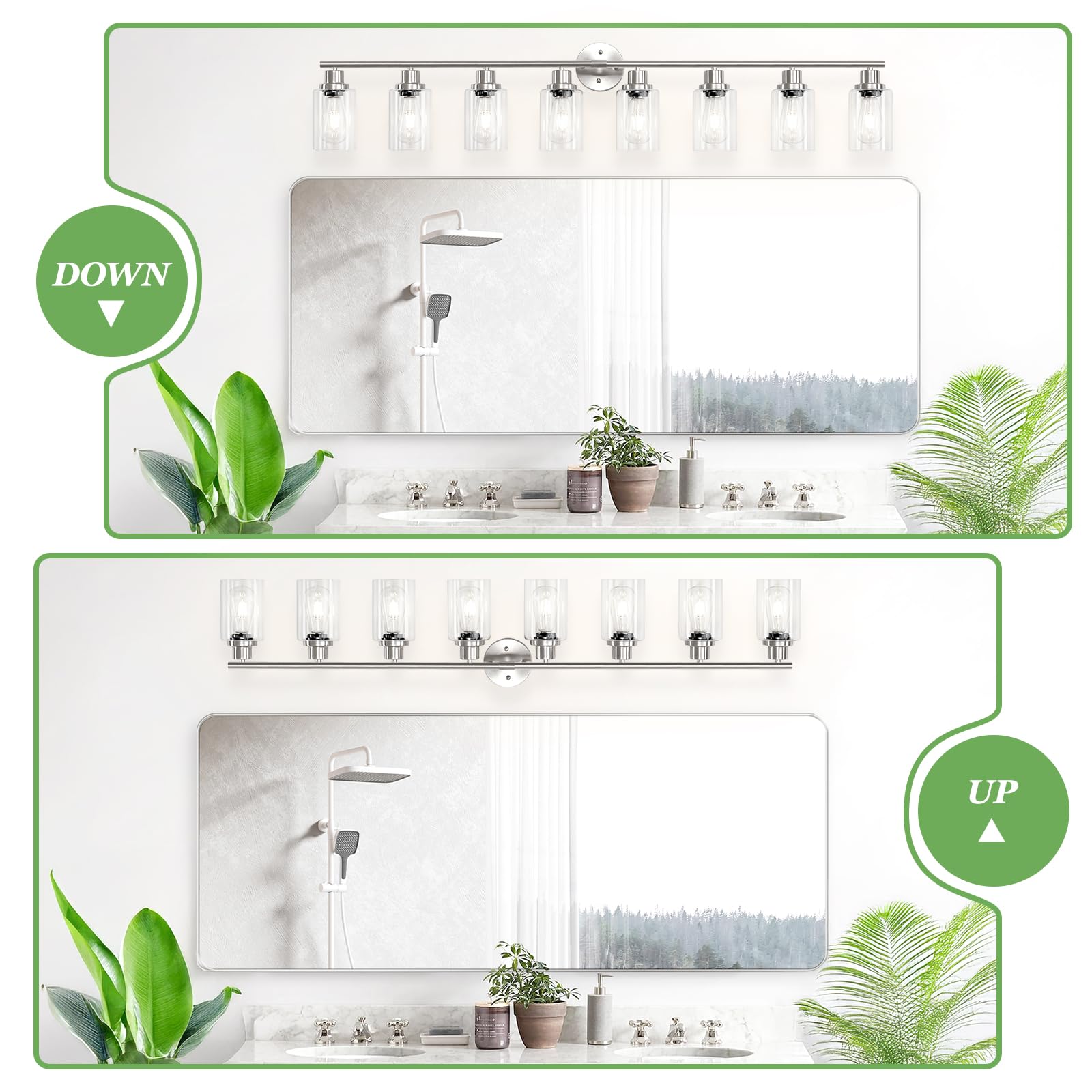 Guliaofo 8-Light Brushed Nickel Vanity Light Fixture with Clear Glass Shades, Modern Wall Lamps for Bathroom and Hallway, Model Gu-111-QGN-8