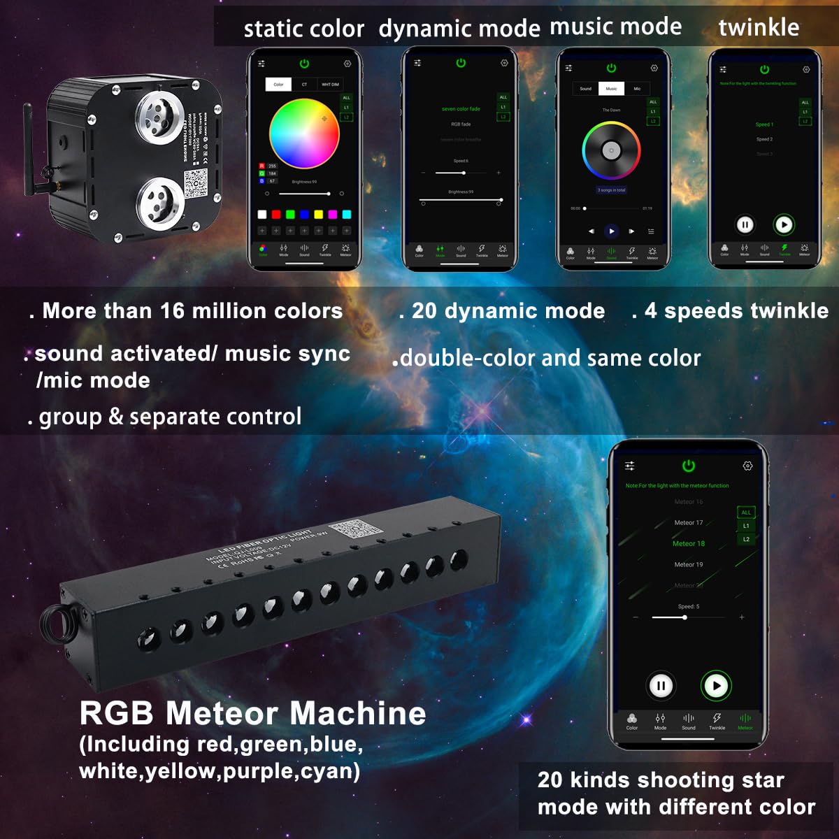 AZIMOM Twinkle Fiber Optic Starlight Kits, 50W, RGB, Sound Activated, 16.4ft, Meteor, Black, Model QJ-L050, 1330