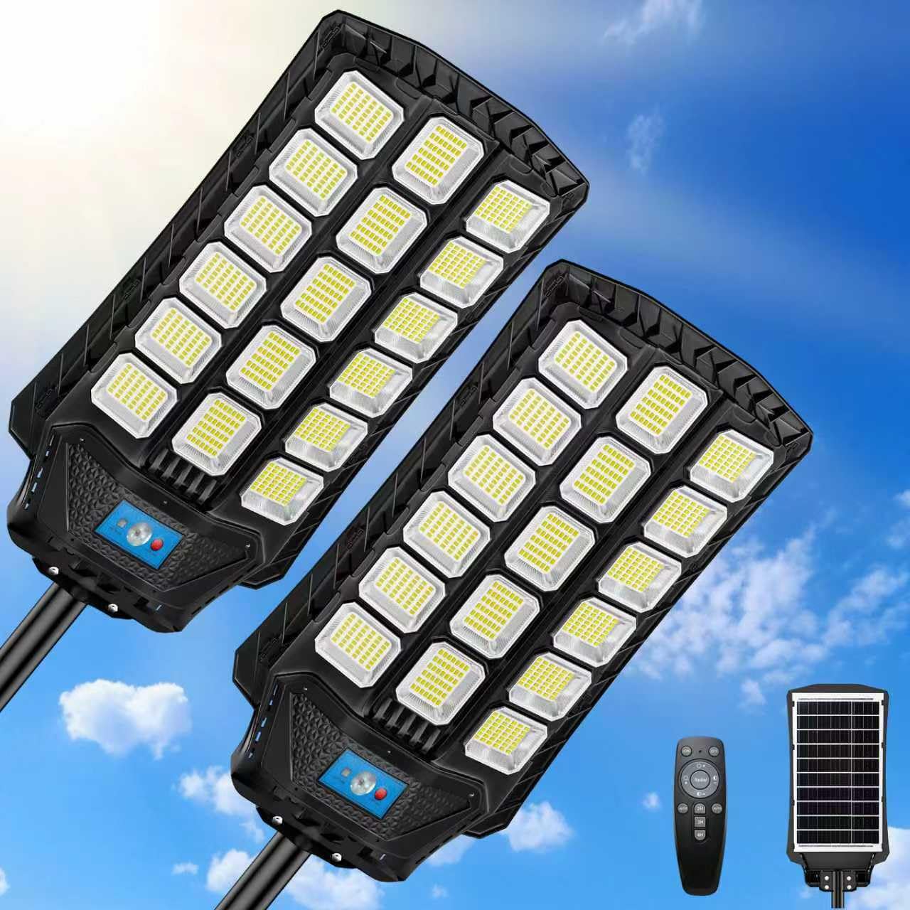 ZIZIWIN 14000W Solar Street Lights Outdoor Waterproof  2 Pack Large Solar Powered LED Flood Light Outside  Heavy Duty Parking Lot Light Dusk to Dawn  Motion Sensor  Pole or Wall Mount  Remote Control