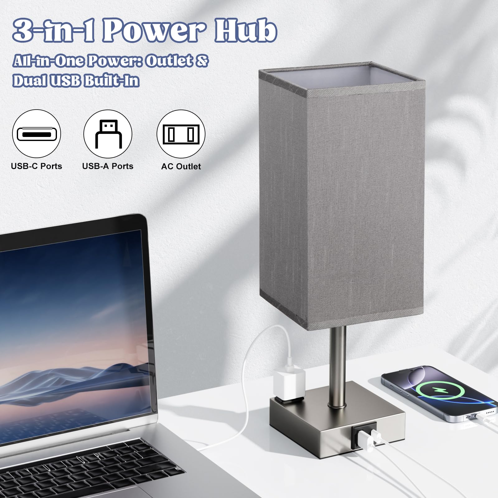 Aooshine Grey Bedside Lamp For Nightstand - Touch Table Lamp With Type C + A And Ac Outlet, Square Charging Lamps For Bedroom De