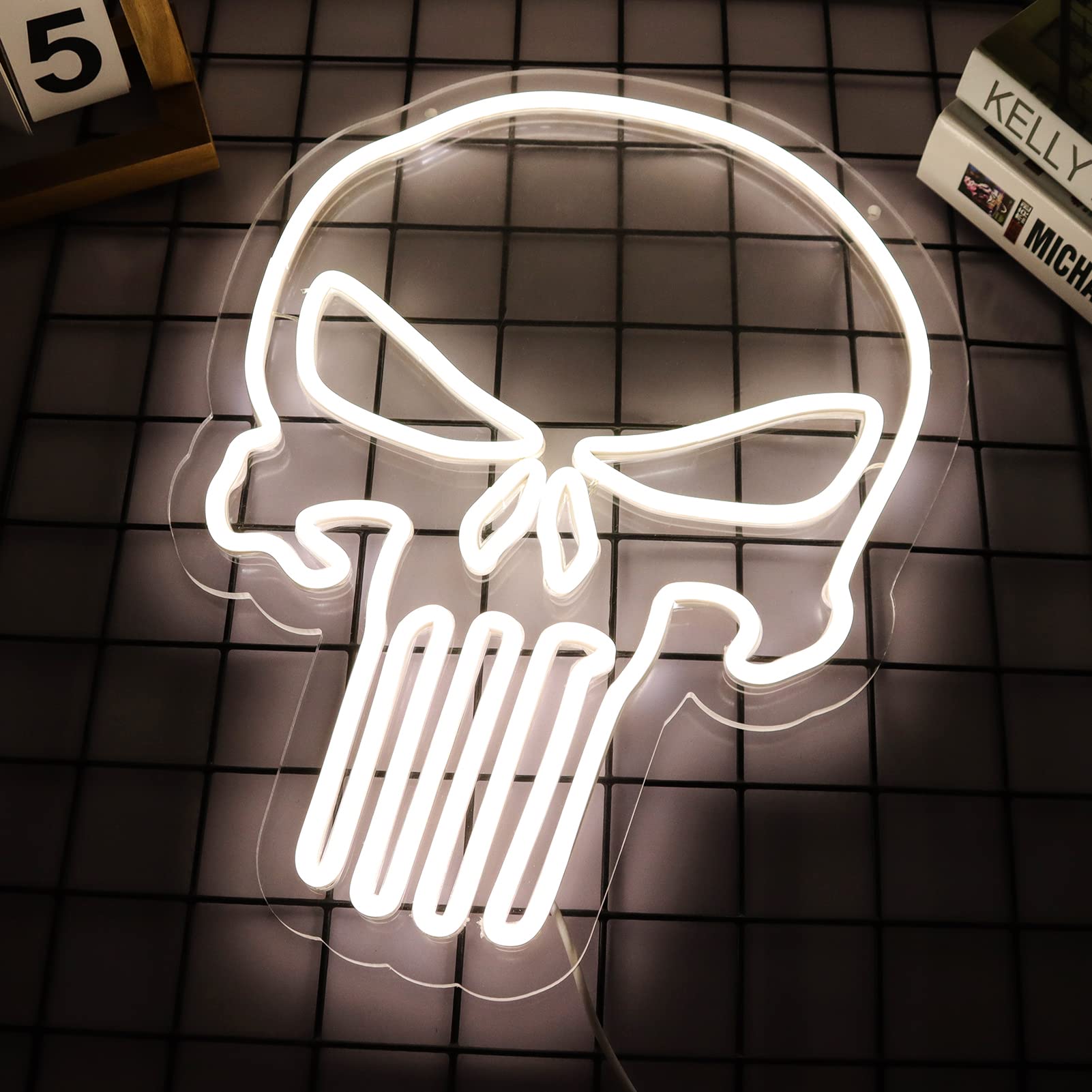 JFLLamp Skull Punisher Neon Sign - 16.5x12.6in USB Wall Decor for Bedroom, Man Cave, Bar - White Punisher Logo Light