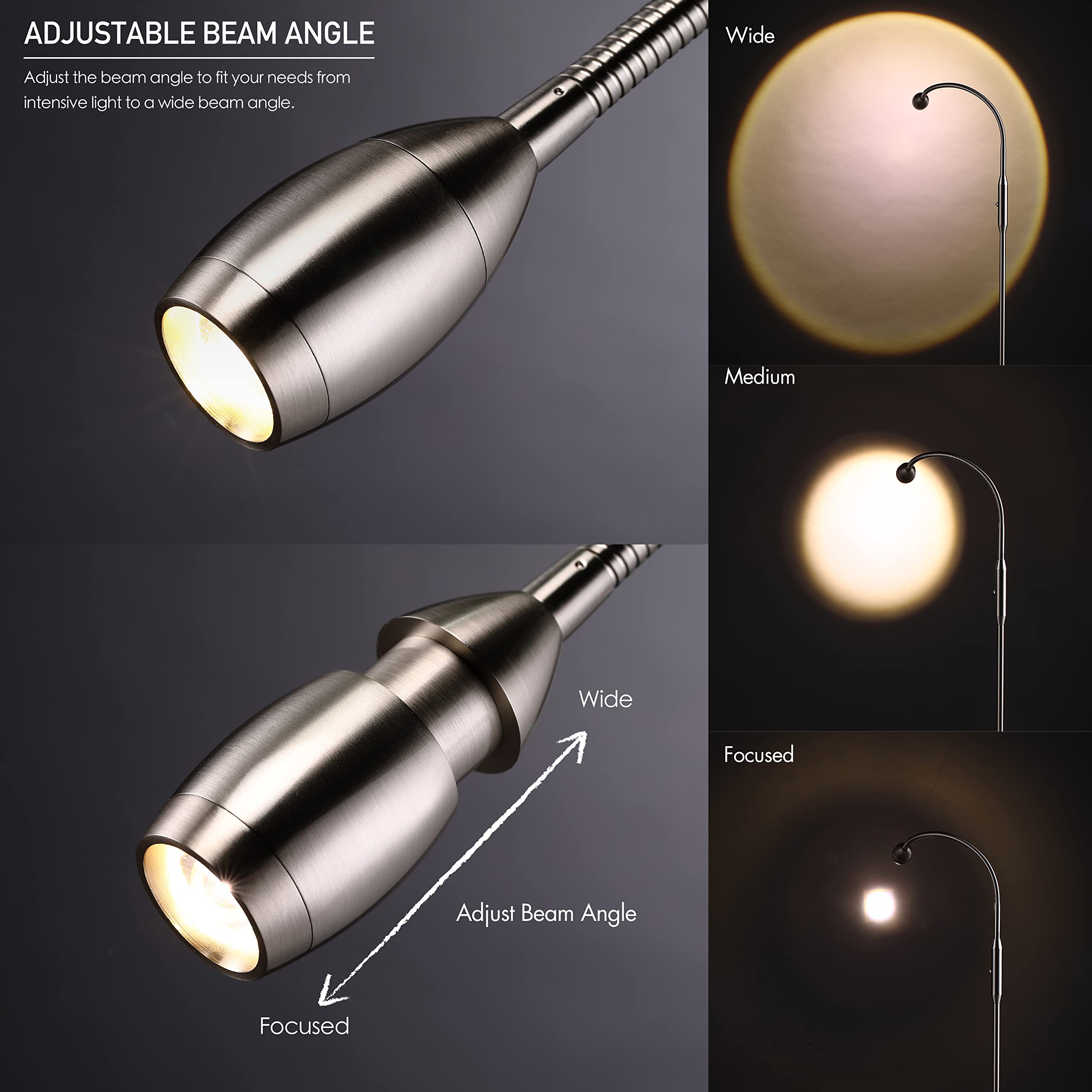 OBright Adjustable LED Floor Lamp, Dimmable, Zoomable, Gooseneck, Brushed Nickel, Model OB-FL15M