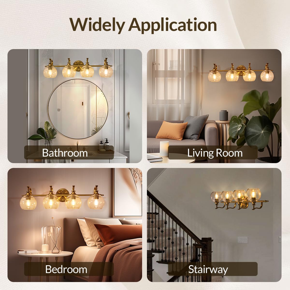 ANDY STAR Brass Vanity Light - 4-Light Gold Bathroom Fixture, Vintage Design with Globe Clear Glass Shade, E26 Base (Bulbs Not Included)