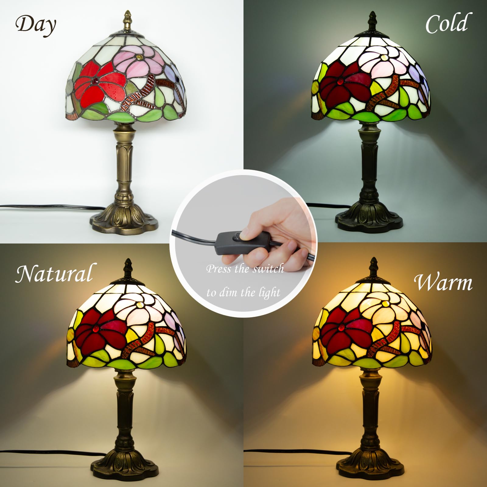Ppbmocw Stained Glass Lamp,8X14 Inches Small Tiffany Lamp For Bedside,Antique Office,Living Room (H Three Flowers)