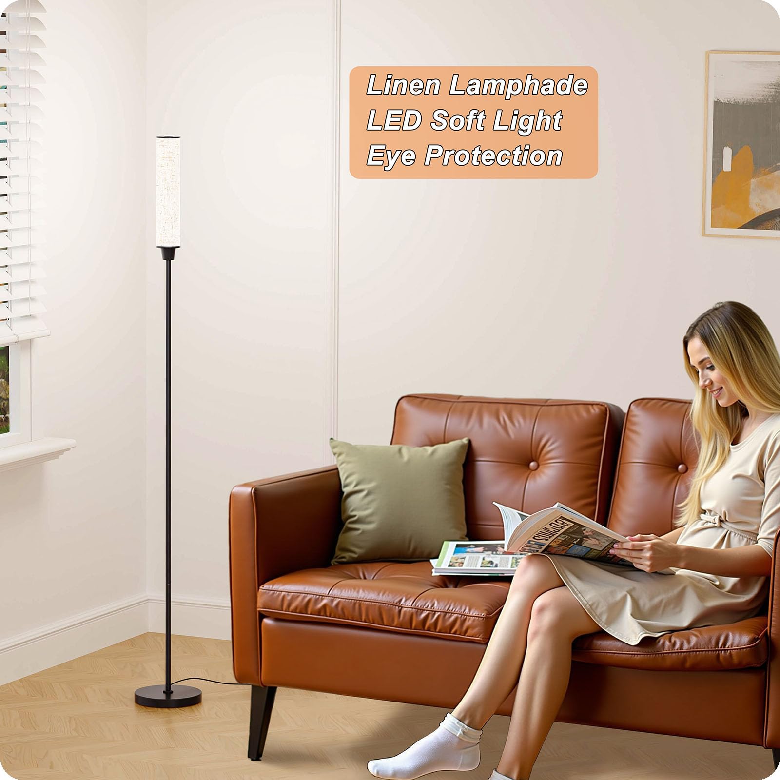 Nukanu Floor Lamp with Remote Control, Stepless Adjustable 3000K-6000K, Black+Beige Linen, Model FLP-DHY