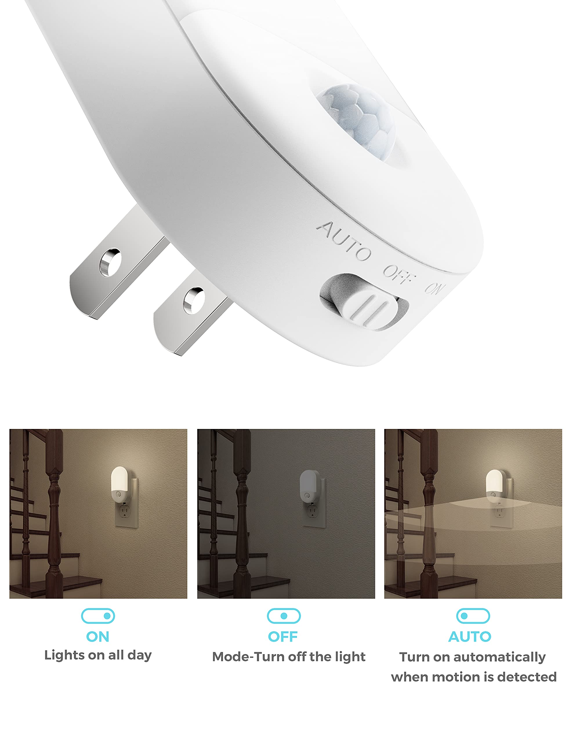 L Lohas Led Night Light, 4 Pack Motion Sensor, Adjustable Brightness, Daylight White, For Hallway, Bathroom, Kids