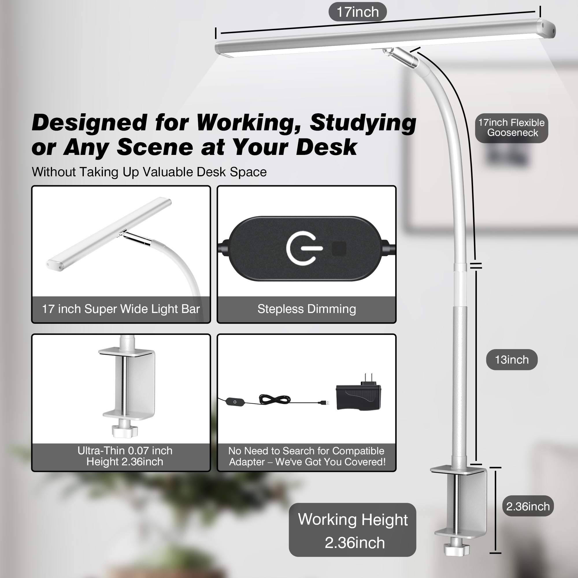 Airlonv Led Desk Lamp, Eye-Caring Light With Stepless Dimming, Flexible Gooseneck, White