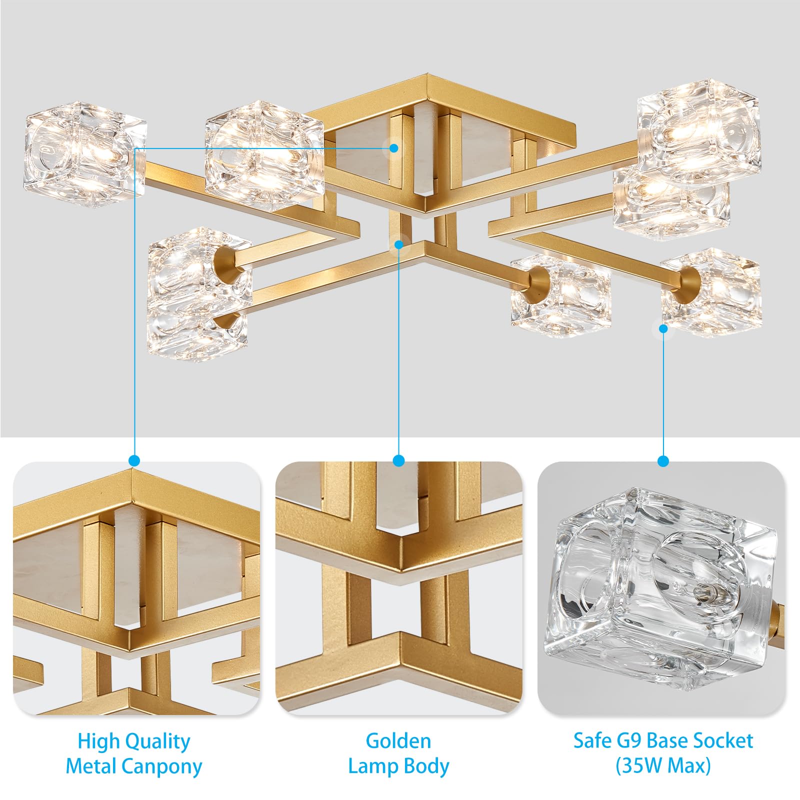 Xingqi Modern Ceiling Light 8 Lights Gold Sputnik Chandeliers Industry Semi Flush Mount Ceiling Light Fixture, Mid Century For D