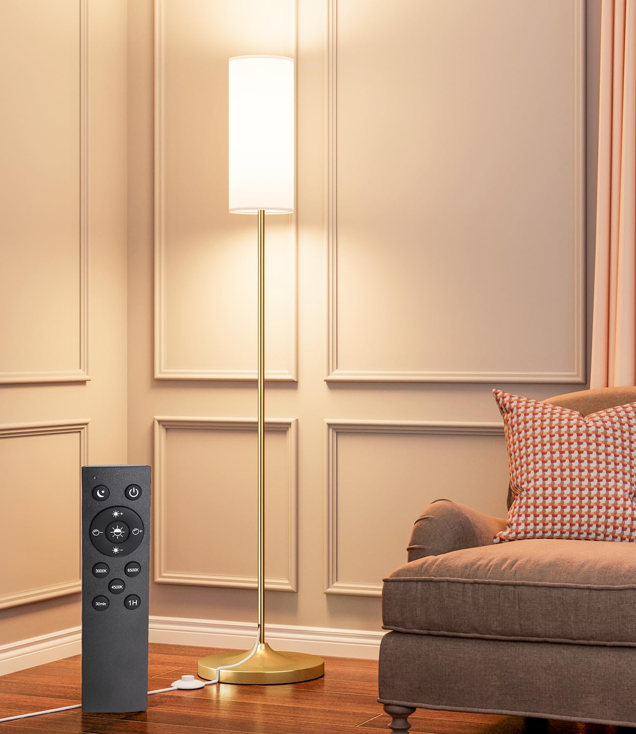 luckystyle LED Floor Lamp for Living Room, Dimmable Standing Lamps with Foot Switch,Remote Custom Color Temperature Gold Pole La
