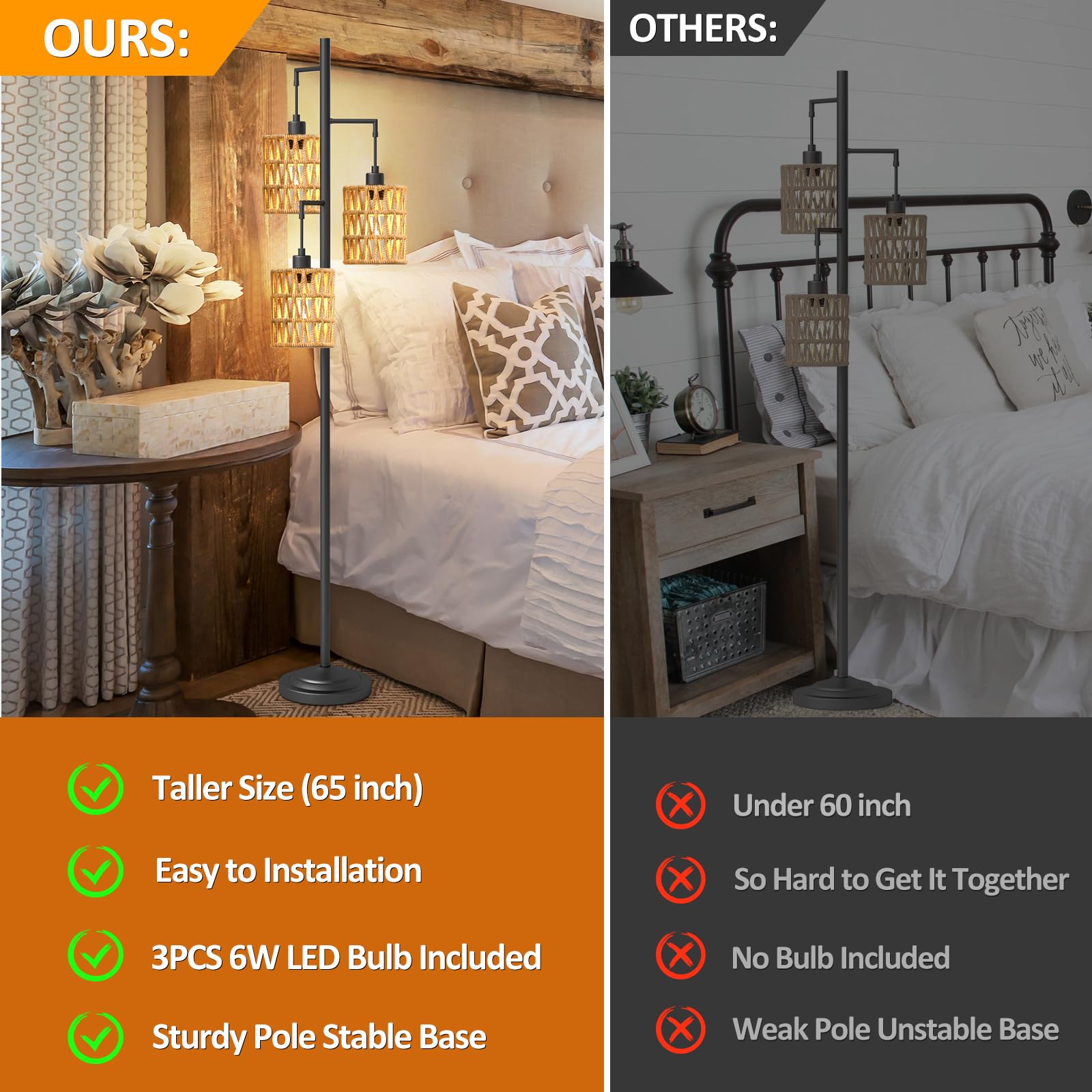 Cnxin 3 Lights Rattan Floor Lamps With On/Off Foot Switch Tree Standing Lamp With Wood Rattan Lampshades Boho Floor Lamp Tall Pole Lamp For Living Room Bedroom Office, 3 Pcs 6W Bulbs Included