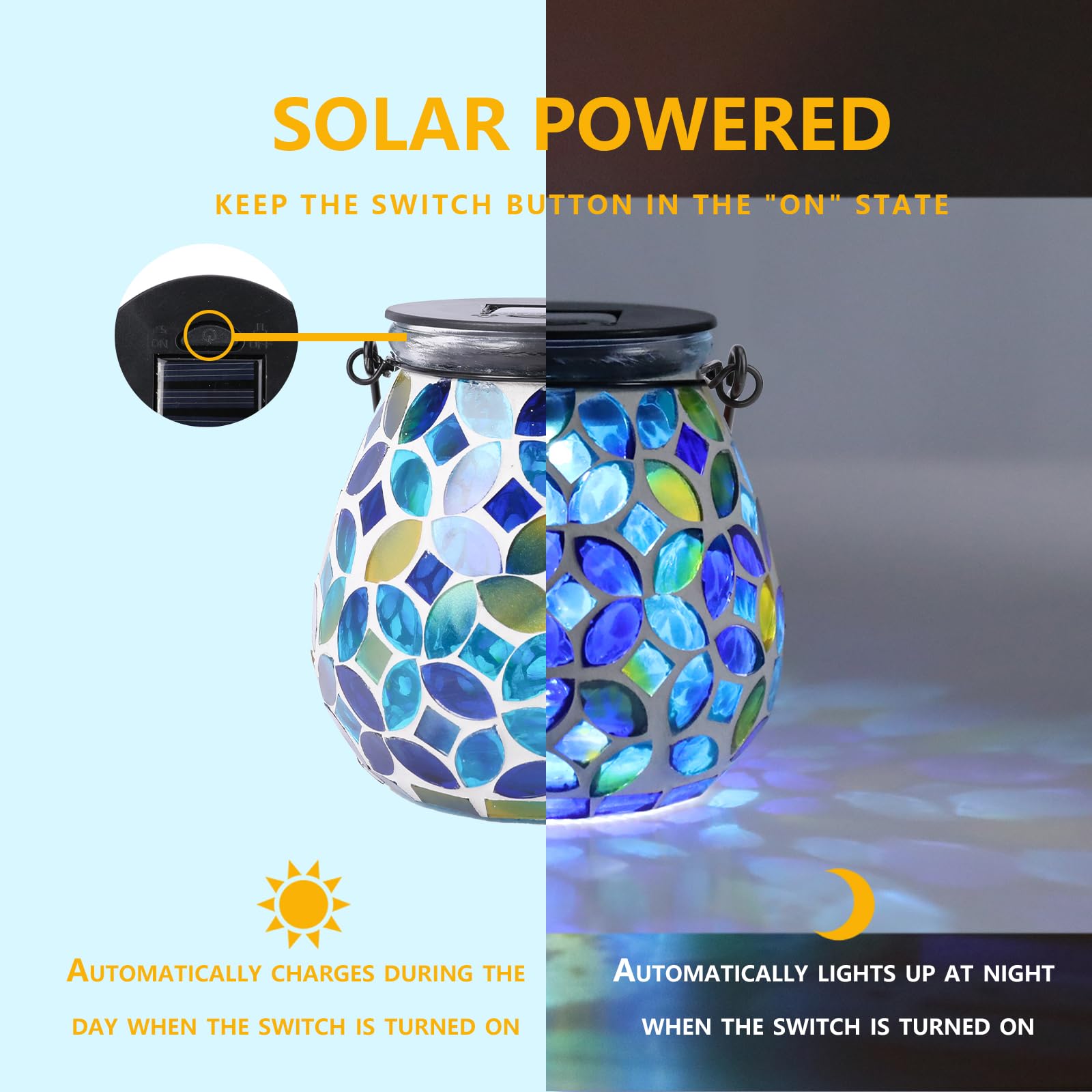 Afirst Mosaic Solar Lantern - Glass Hanging Light, Waterproof Table Lamp for Garden & Patio, Model 5033540B, Decorative Coins Color