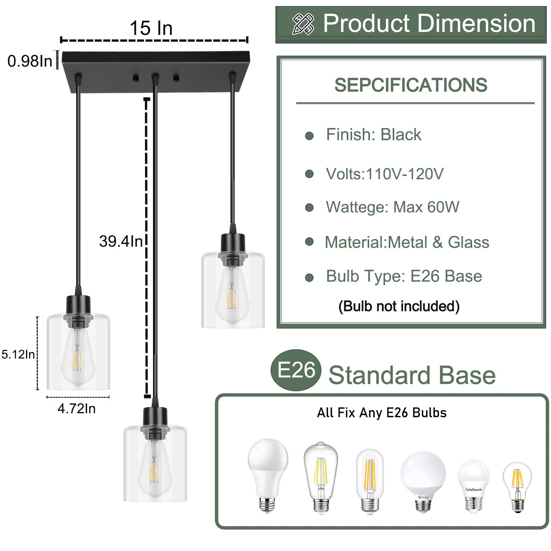 Rocunsi 3-Light Pendant Light Fixtures With Clear Glass, Black Hanging Light Fixture For Ceiling, Adjustable Kitchen Island Ligh
